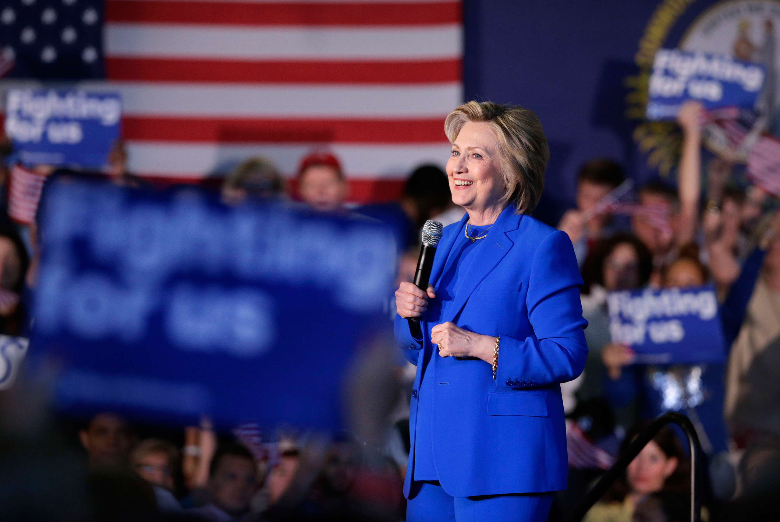 Democratic presidential candidate Hillary Clinton speaks during a rally at Louisville Slugger Field's Hall of Fame Pavilion in Louisville, Ky., Tuesday, May 10, 2016. (AP Photo/Patrick Semansky)