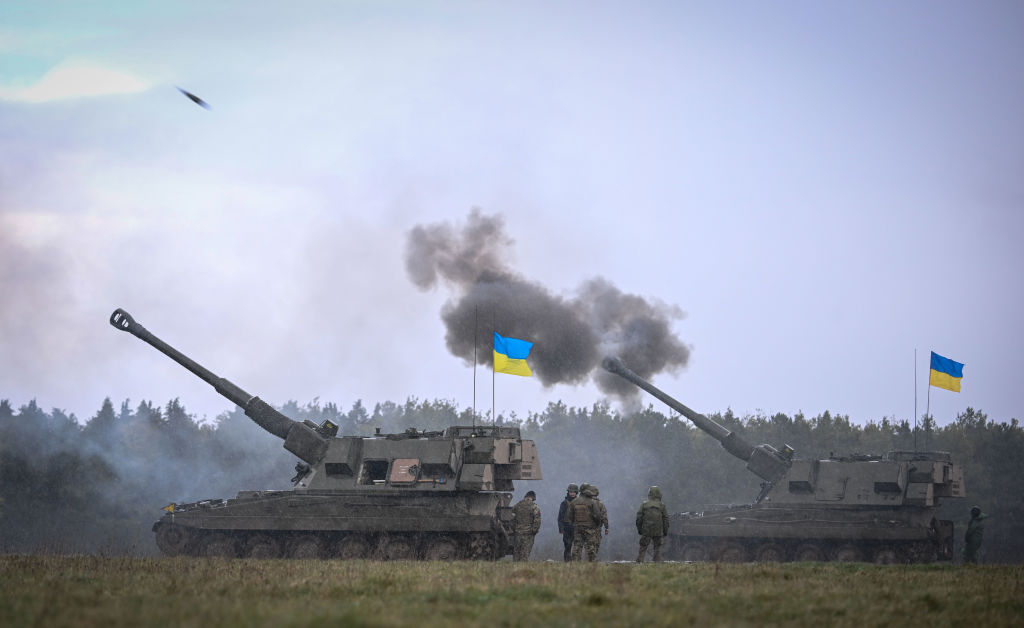Ukrainian troops live fire the AS90 during their final training, on March 24, 2023 in South West, England. Ukrainian artillery recruits come to the end of their training on AS90 155mm self-propelled gun. A self-propelled gun is a type of howitzer has a p
