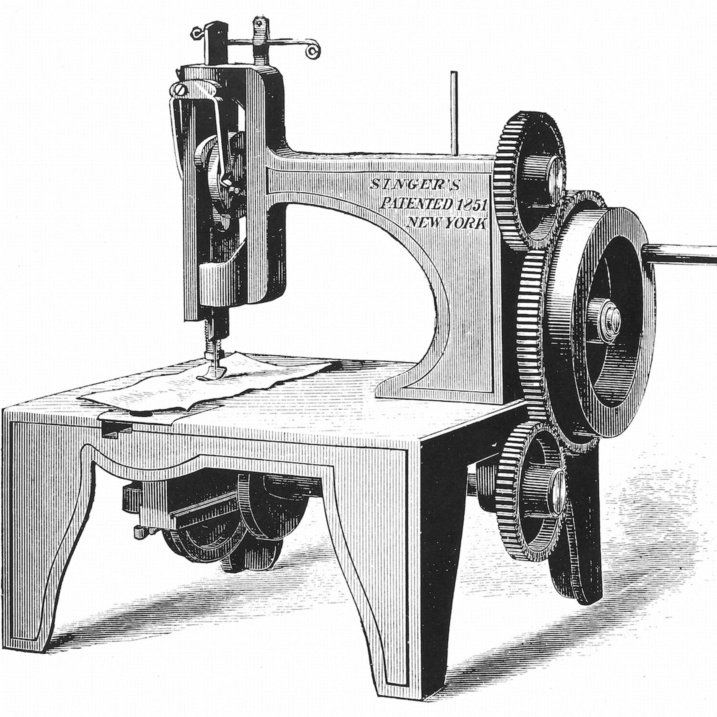 Isaac Merrit Singer's (American inventor) first sewing machine, patented 1851. From Genius Rewarded or the Story of the Sewing Machine, New York, 1880.Wood engraving.