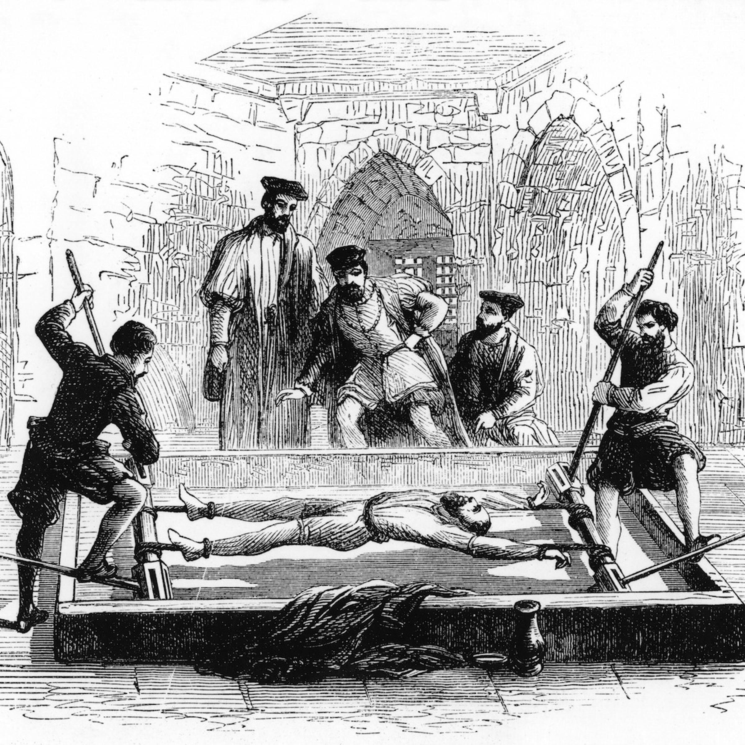 Torturing a prisoner on the rack, Middle Ages.