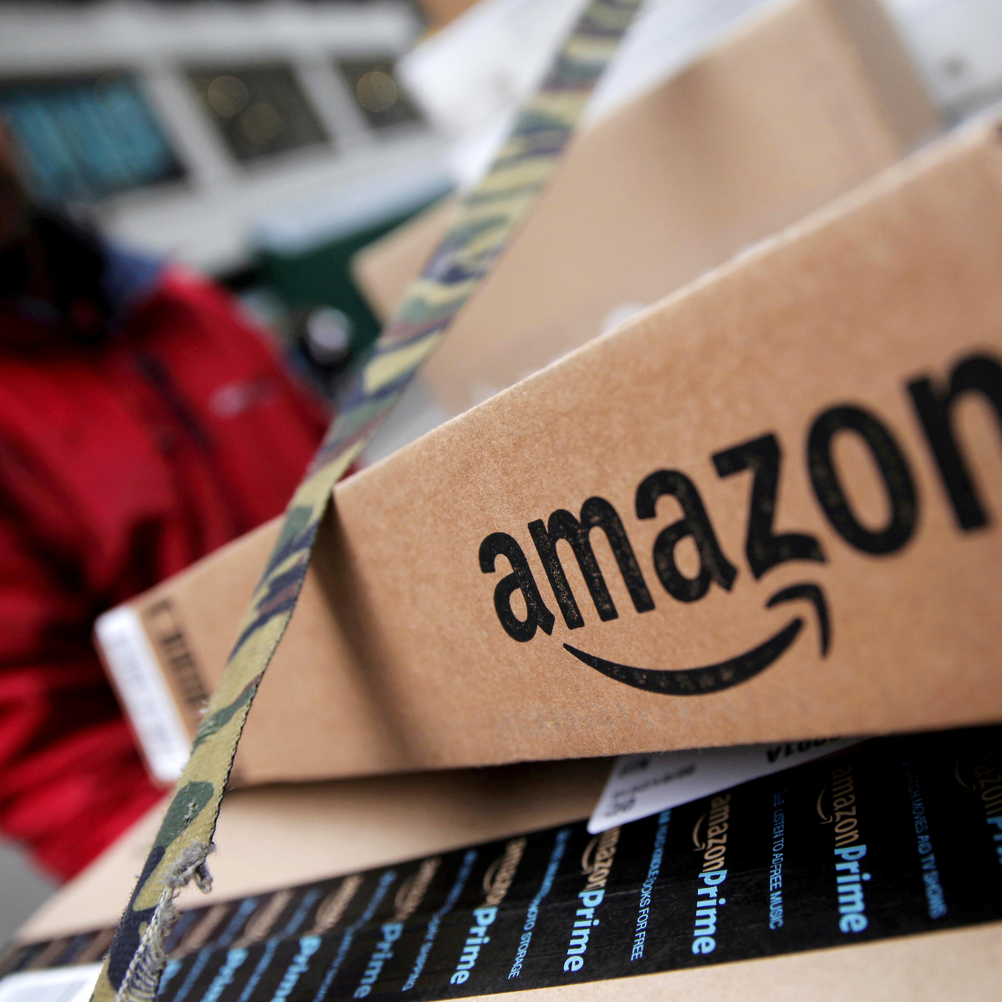 FILE PHOTO: Amazon boxes are seen stacked for delivery in Manhattan