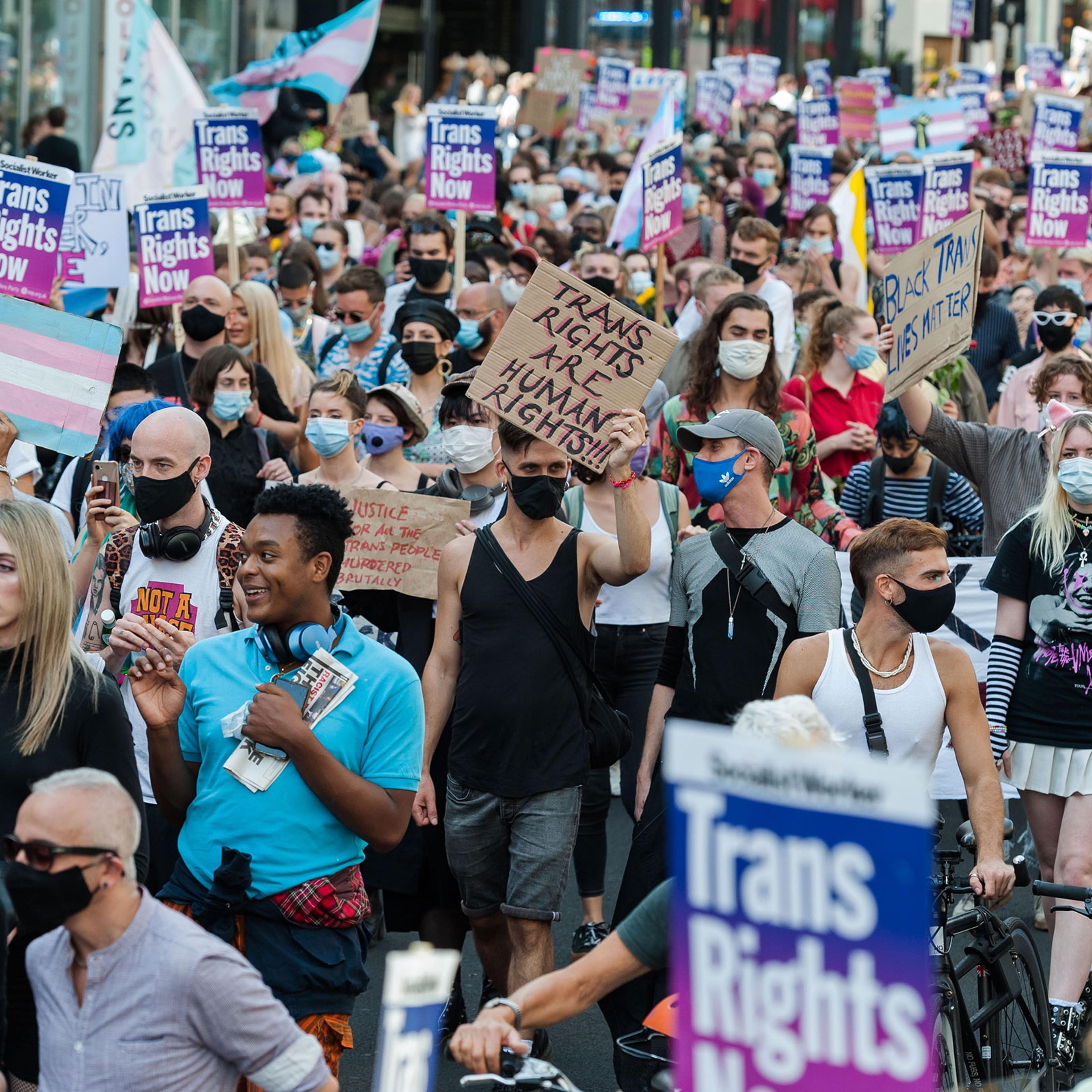 Transgender people and their supporters march through central London during the second Trans Pride protest march for equality on Sept. 12, 2020 in London, England.