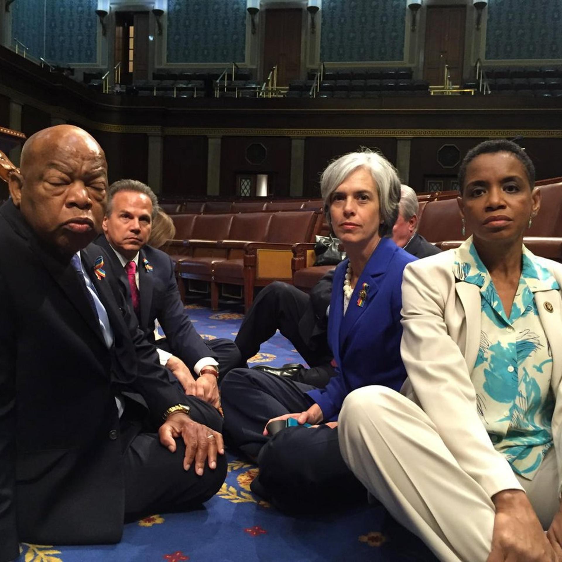 A photo tweeted from the floor of the U.S. House by Rep. Edwards shows Democratic House members staging a sit-in over gun legislation in Washington