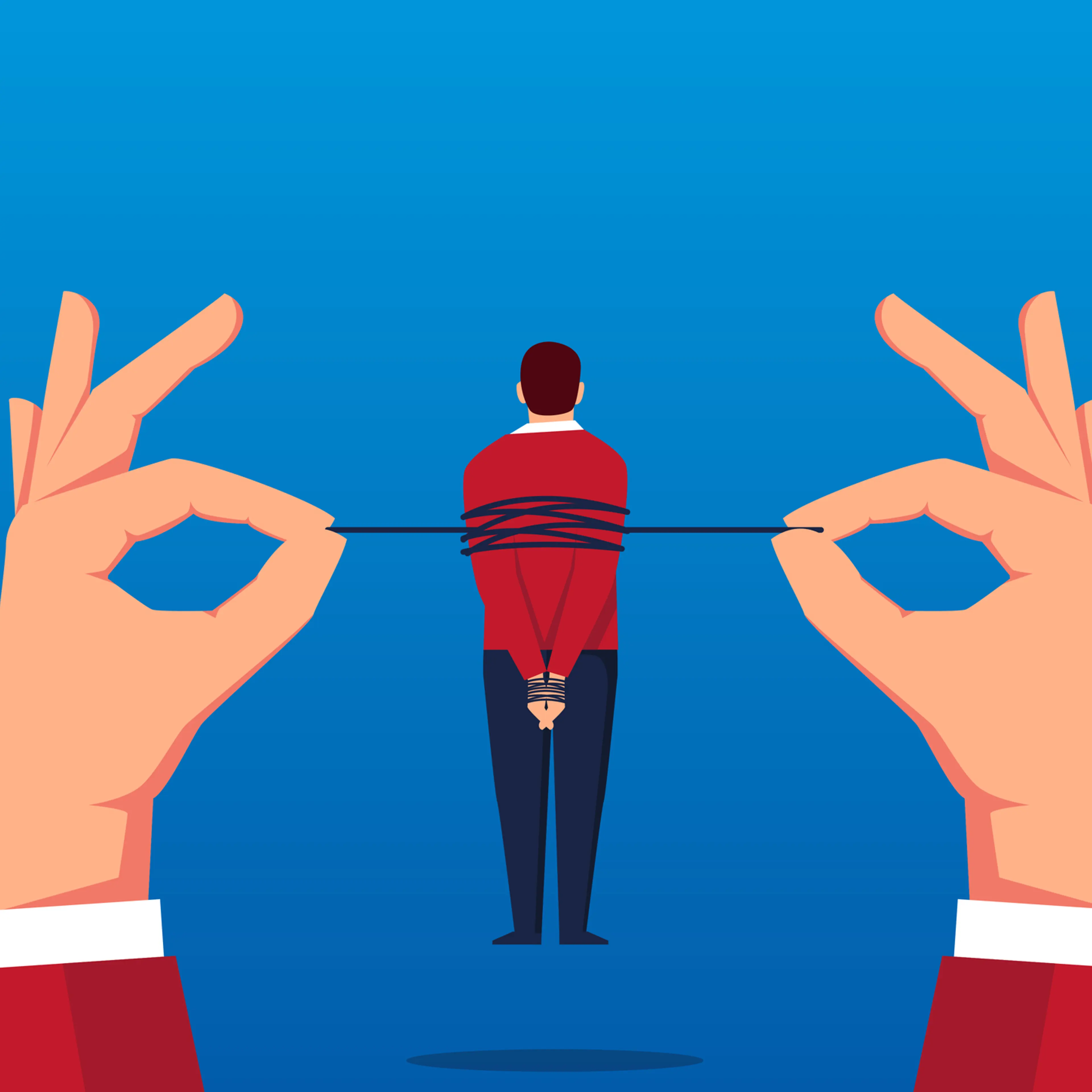 Businessman tied to the air by giants
