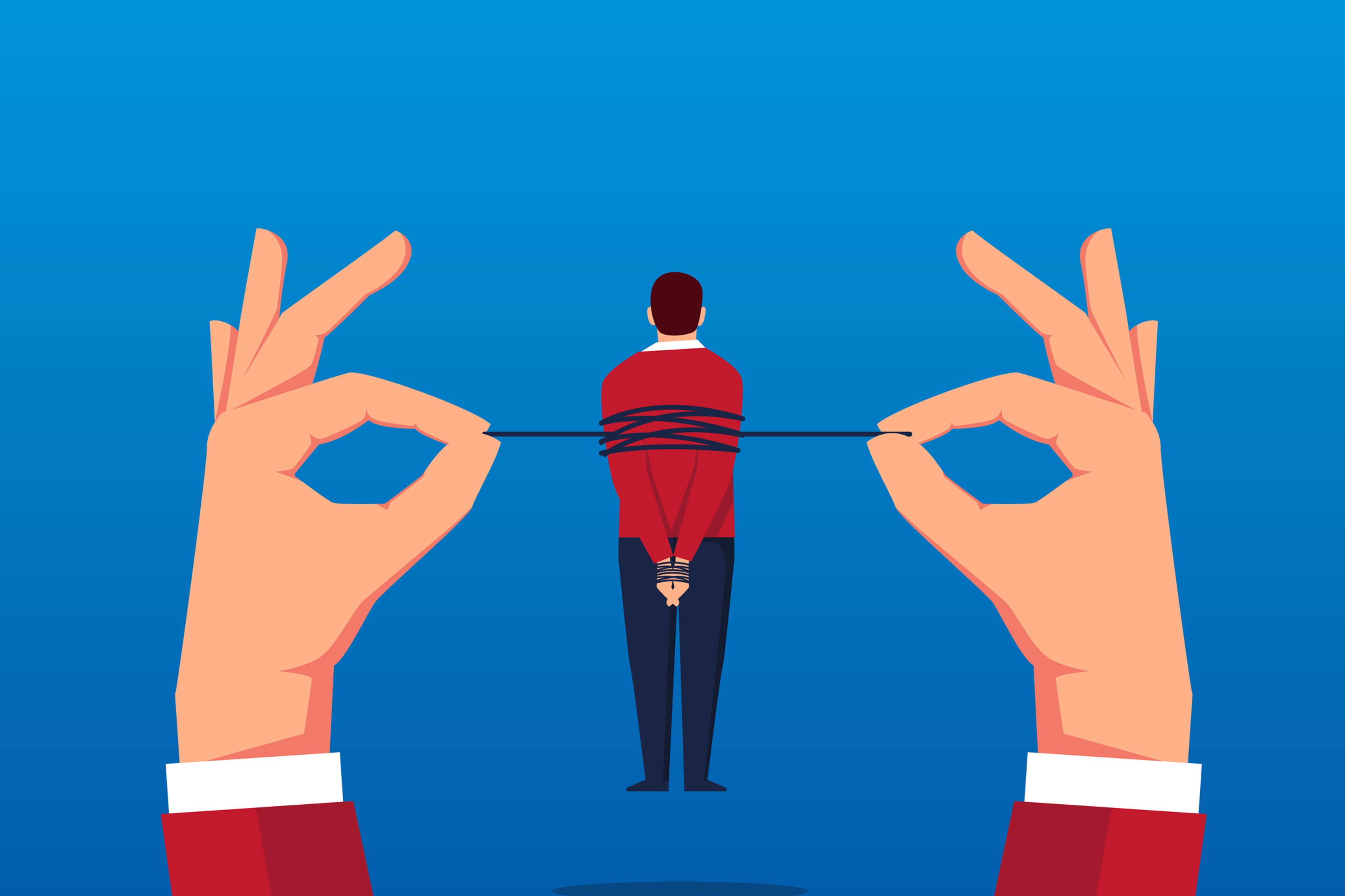 Businessman tied to the air by giants
