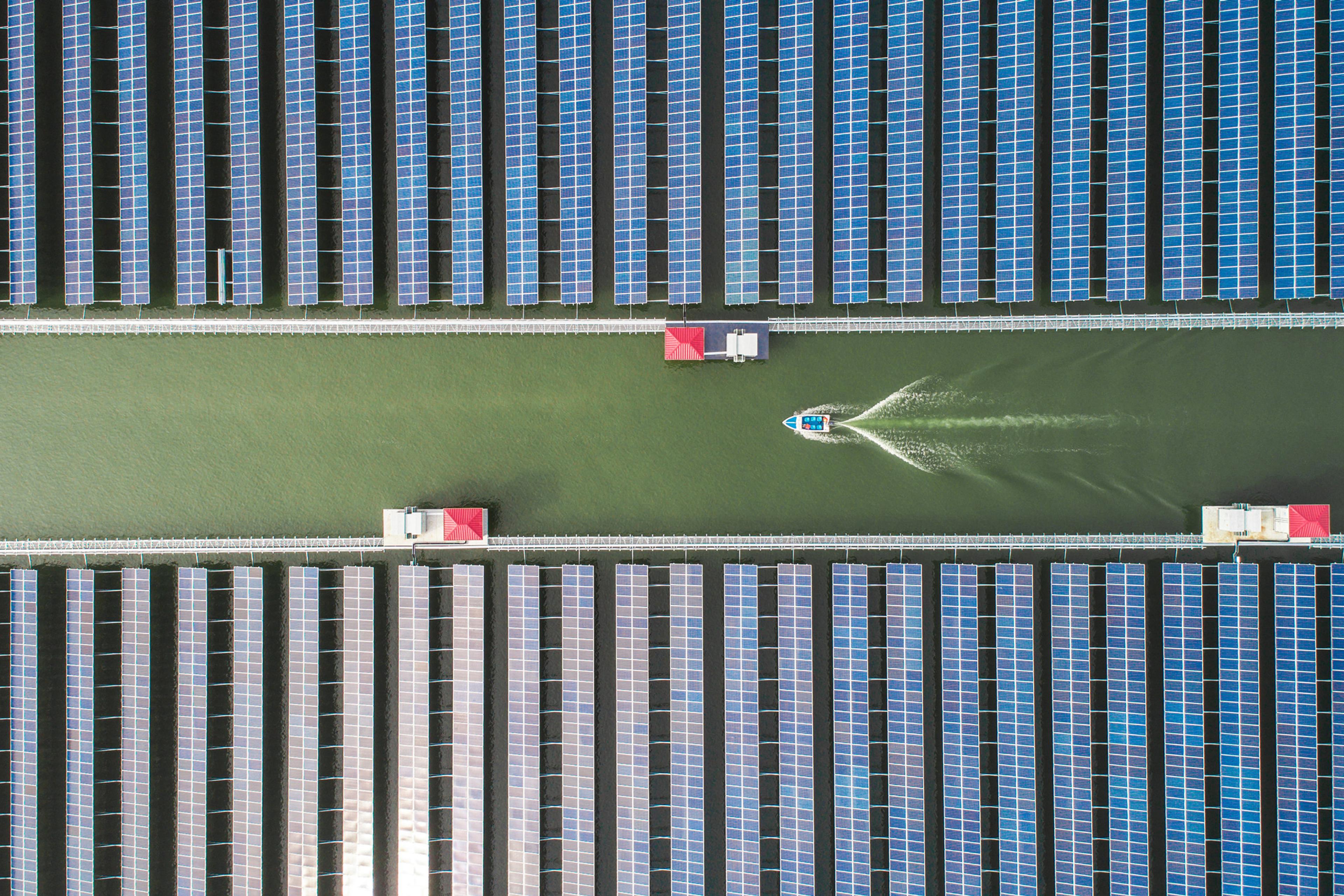 Aerial view of the solar power plant over a fish pond in Cixi on January 10, 2017 in Ningbo, Zhejiang Province of China.