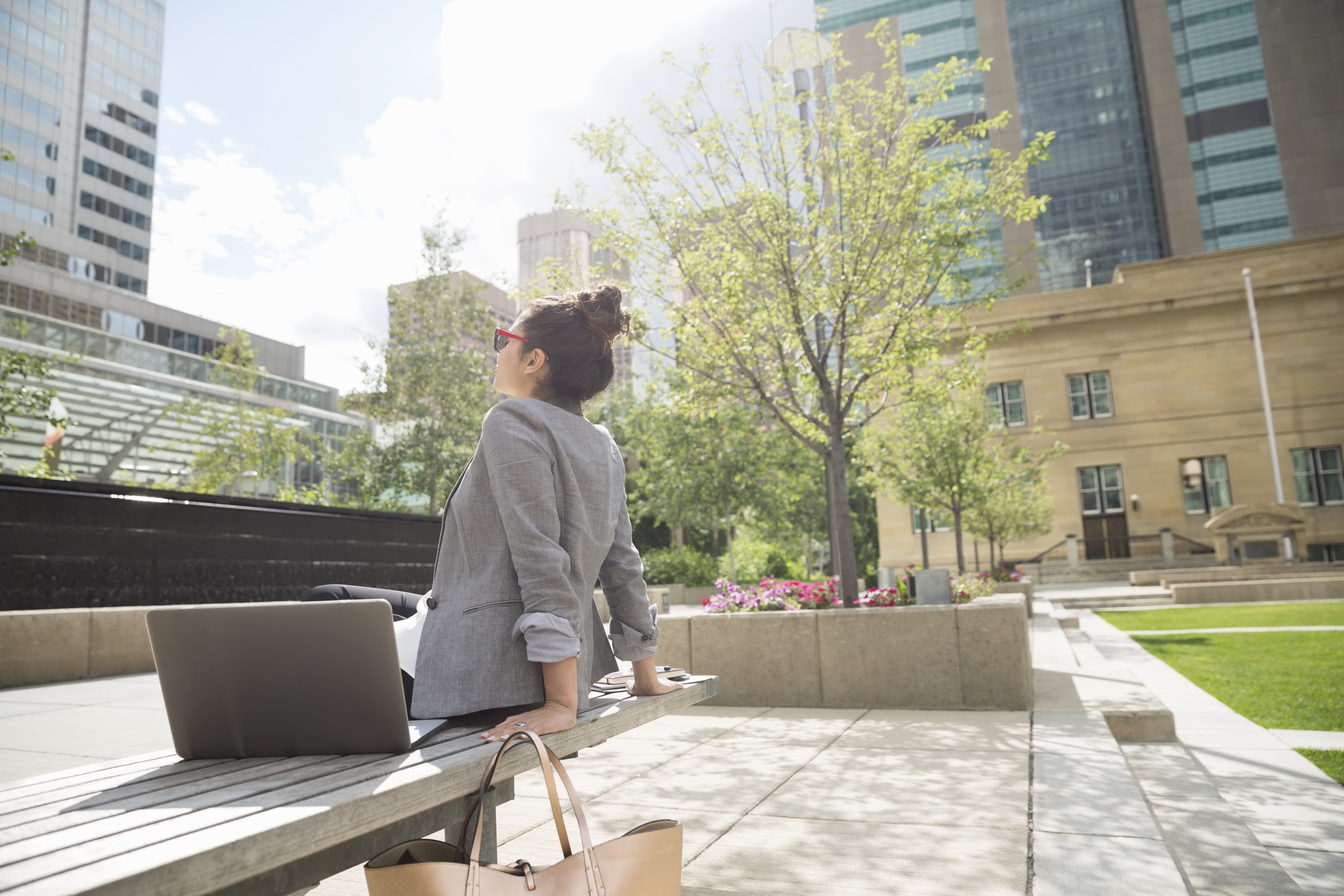 business-woman-rear-view-bench-sunlight