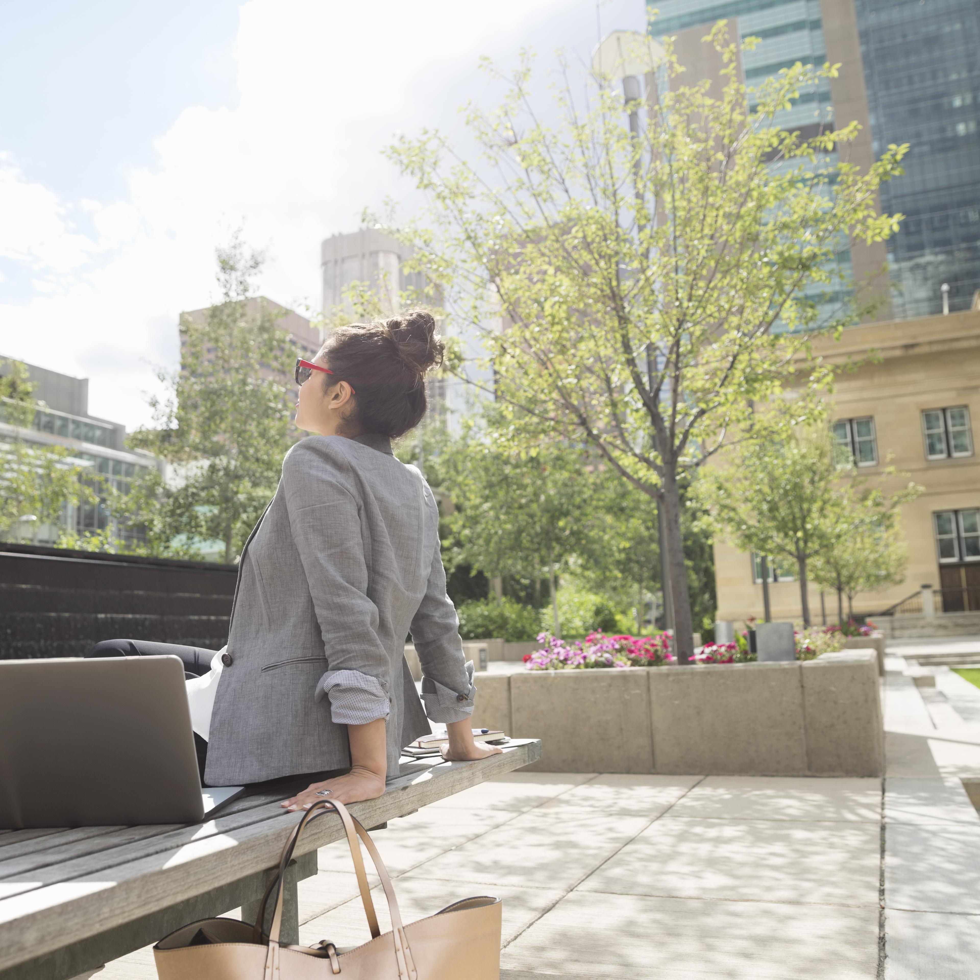 business-woman-rear-view-bench-sunlight