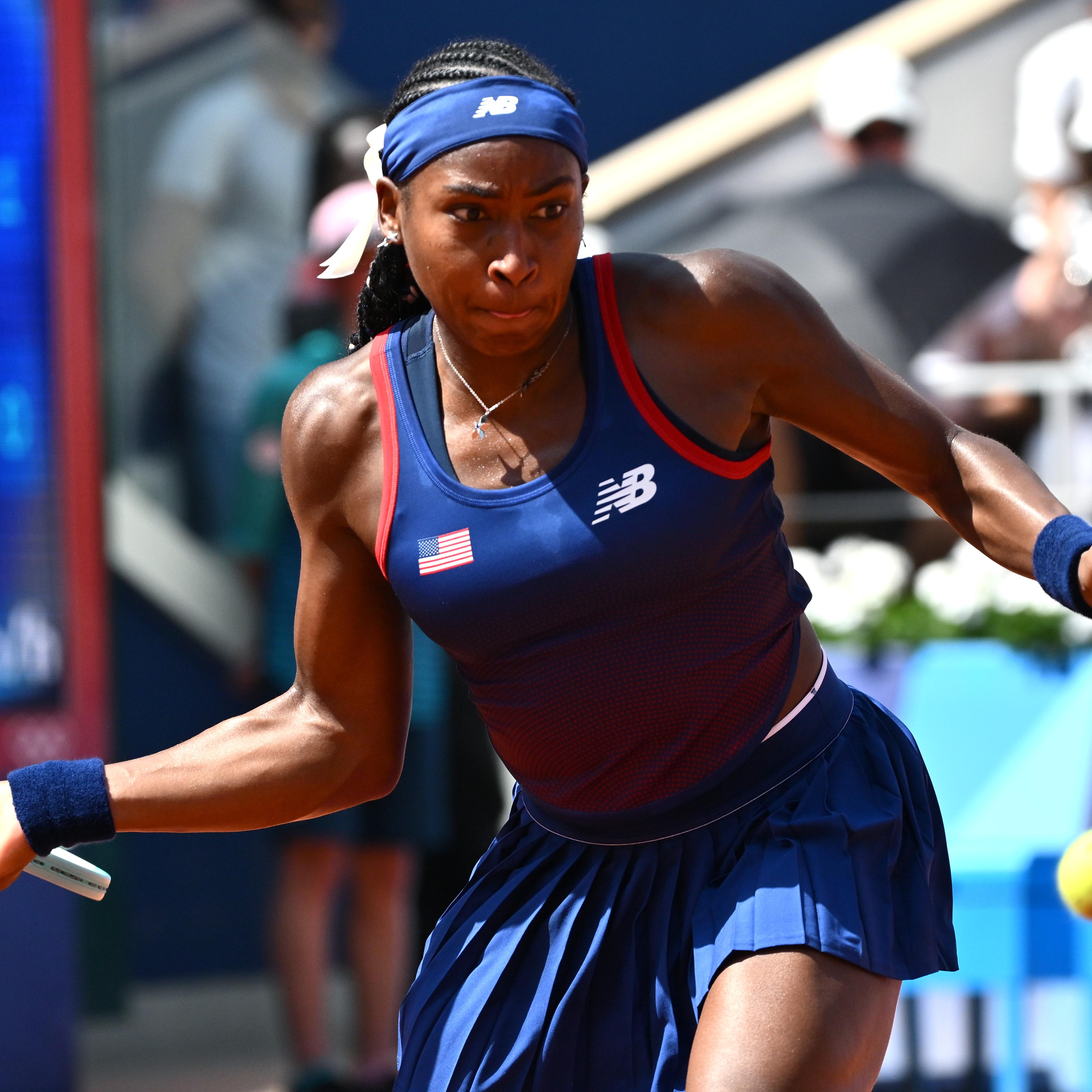 Coco Gauff of United States is playing during the Women's Singles Third Round match against Donna Vekic of Croatia on day four of the Olympic Games Paris 2024 at Roland Garros on July 30, 2024 in Paris, France. (