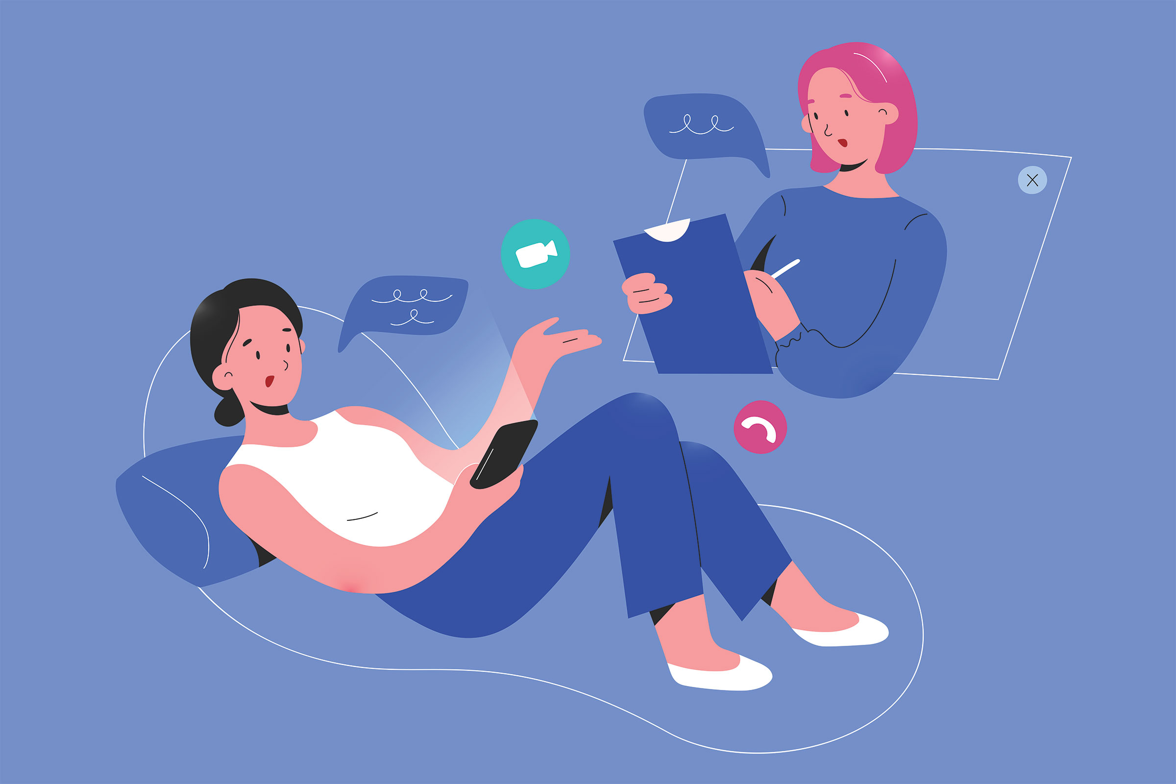 An illustration of a therapist or doctor speaking to a patient over a video call