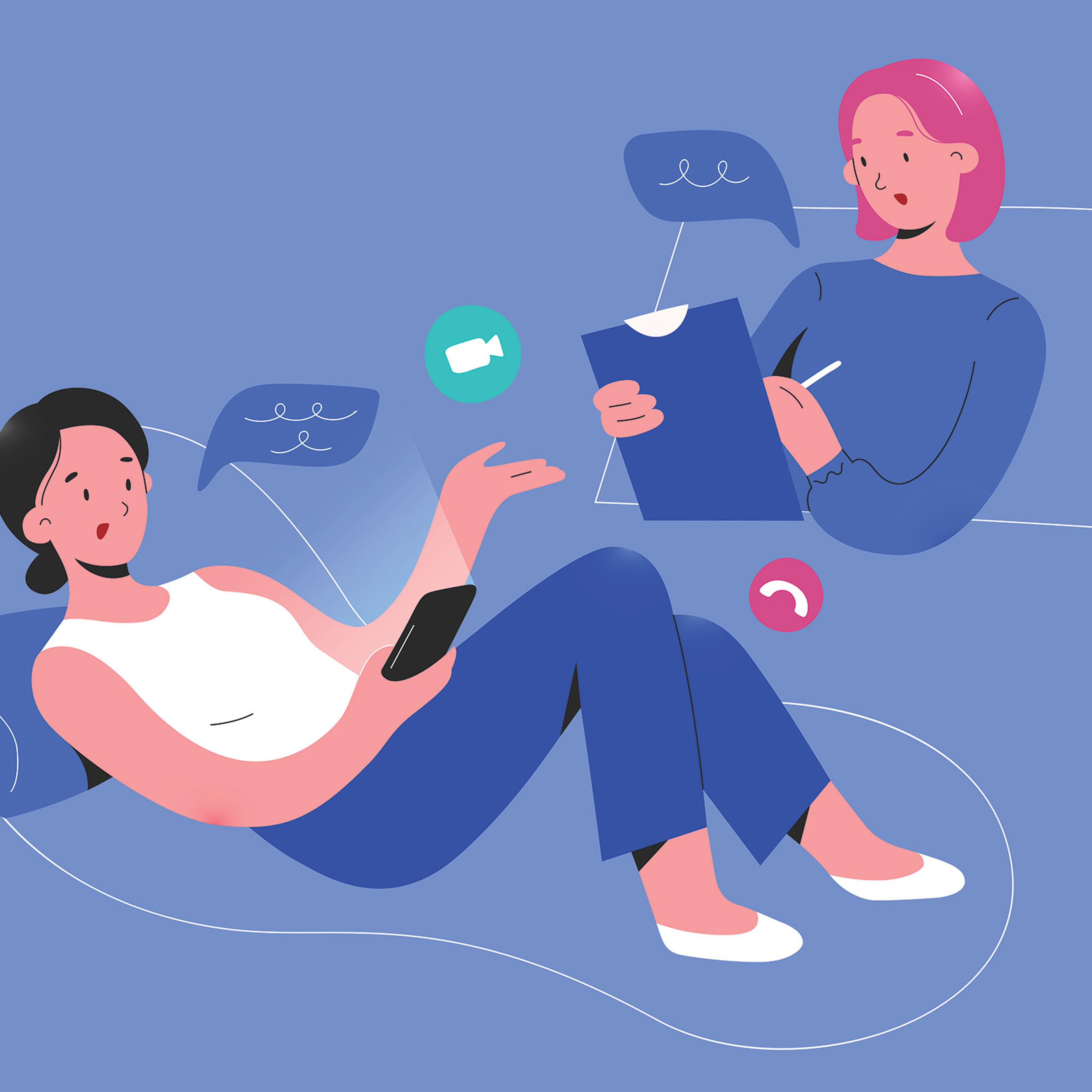 An illustration of a therapist or doctor speaking to a patient over a video call