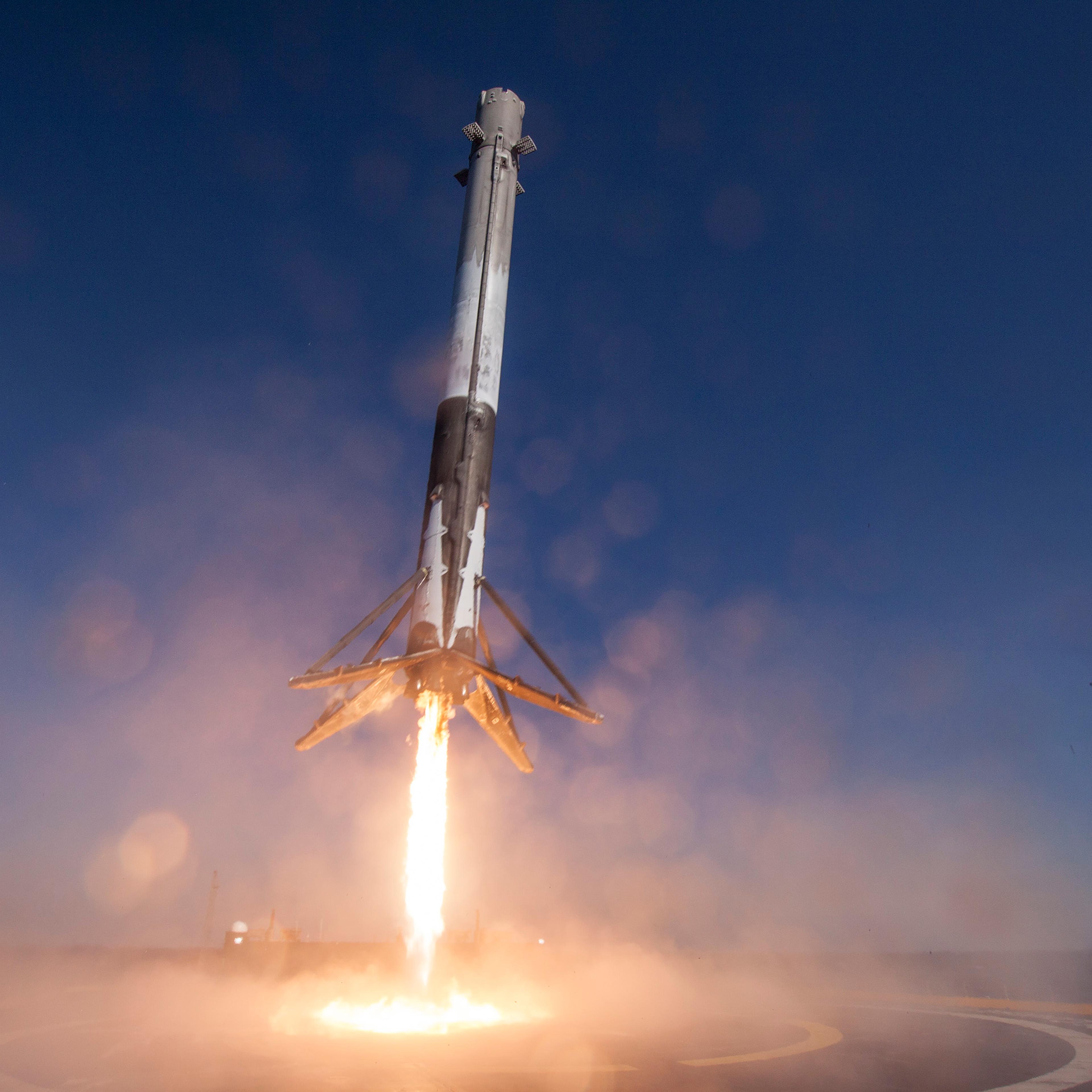 In this handout provided by the National Aeronautics and Space Administration (NASA), SpaceX's Falcon 9 rocket makes its first successful upright landing on the "Of Course I Still Love You" droneship on April 8, 2016 some 200 miles off shore in the Atlan