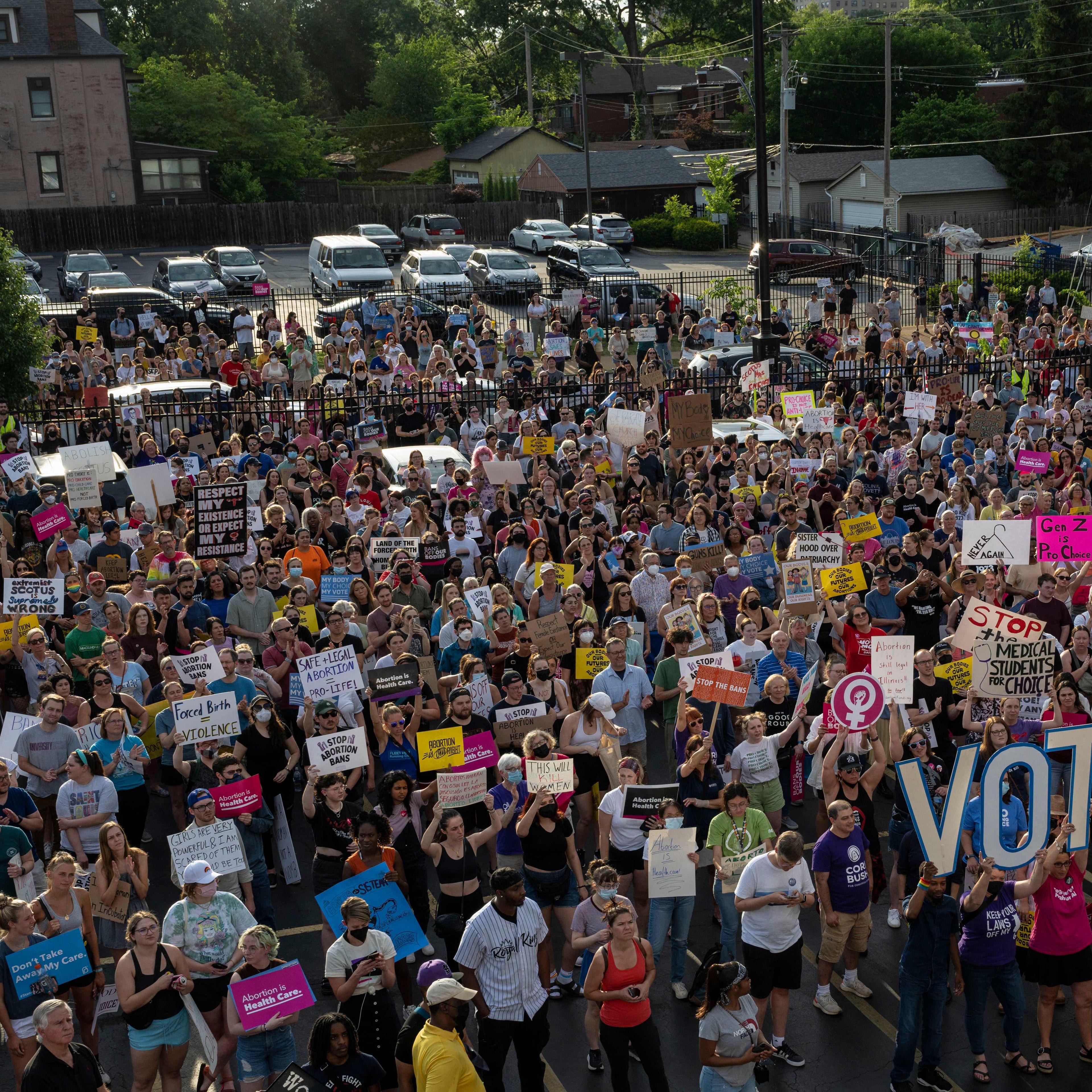 Letters forming the word VOTE are seen as abortion rights activists protest outside the Planned Parenthood Reproductive Health Services Center after the overturning of Roe Vs. Wade by the U.S. Supreme Court, in St. Louis on June 24.