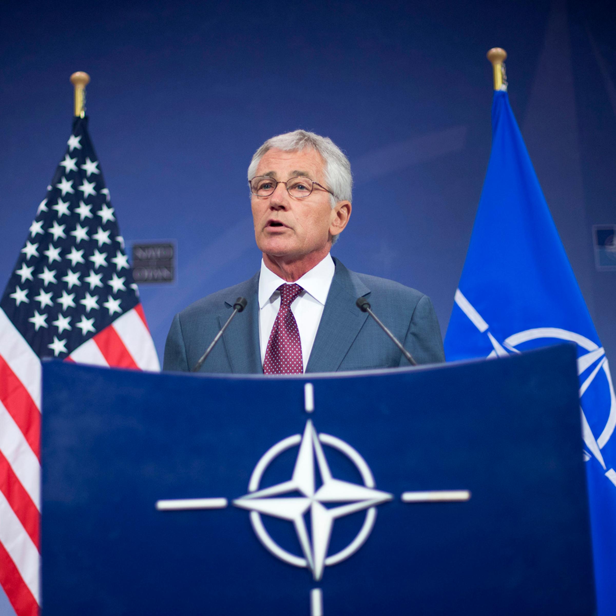U.S. Defense Secretary Hagel speaks during a news conference at the end of a meeting of the North Atlantic Council in Brussels
