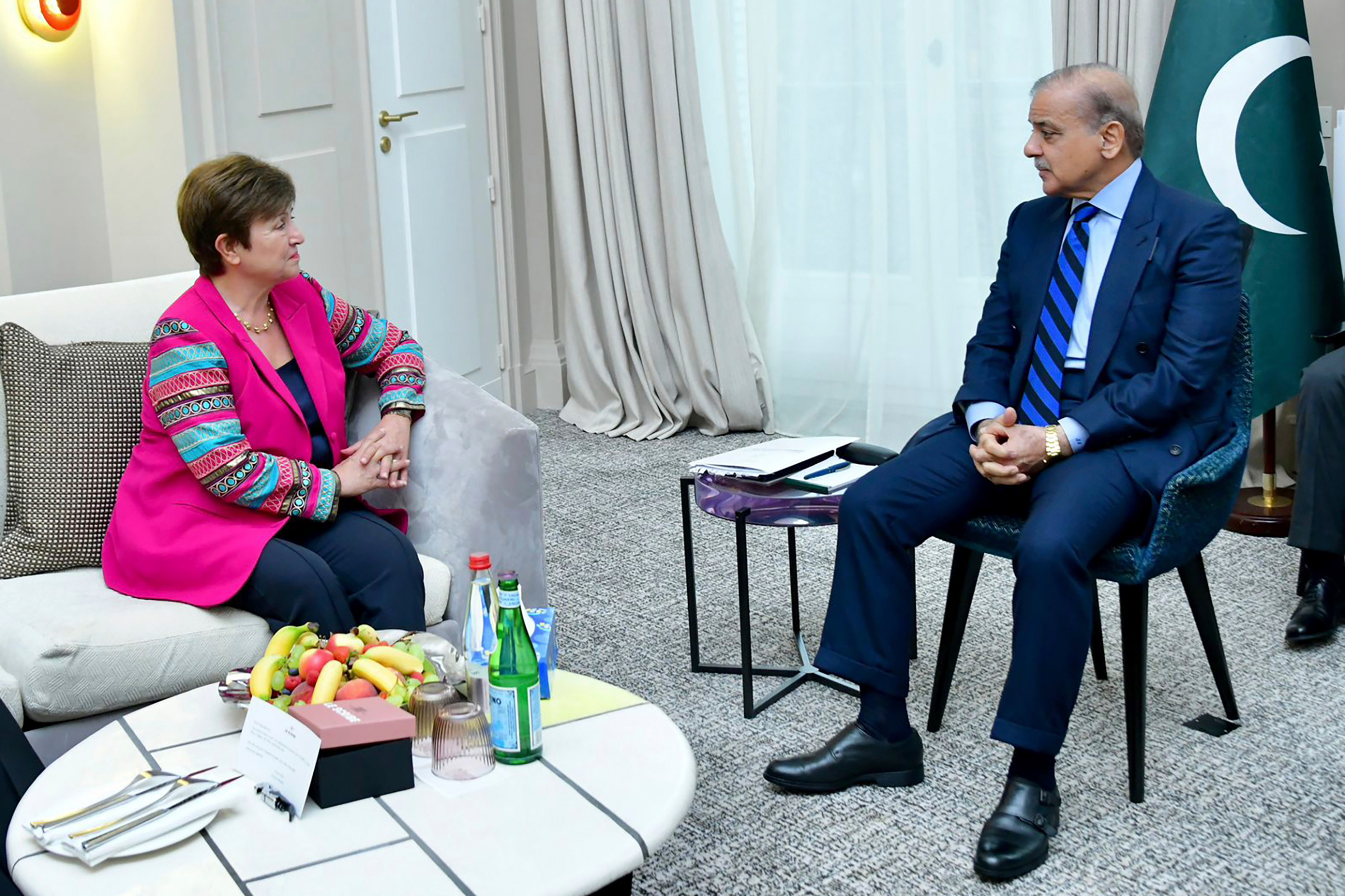 Prime Minister Shahbaz Sharif, right, meets with International Monetary Fund's Managing Director Kristalina Georgieva in Paris, France, on June 22, hoping to unlock a $6 billion bailout and gain the release of a critical tranche of $1.1 billion in loans 
