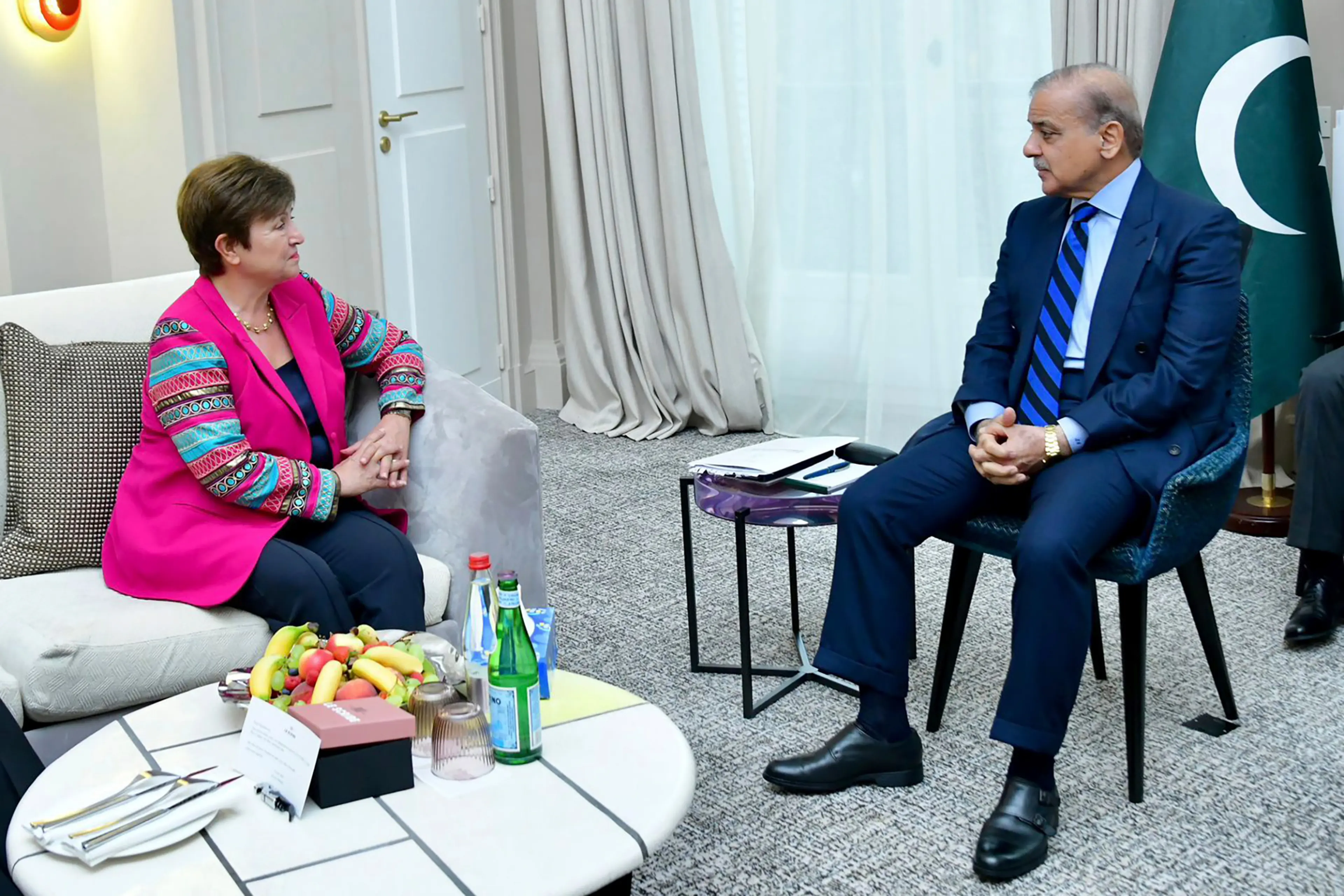 Prime Minister Shahbaz Sharif, right, meets with International Monetary Fund's Managing Director Kristalina Georgieva in Paris, France, on June 22, hoping to unlock a $6 billion bailout and gain the release of a critical tranche of $1.1 billion in loans