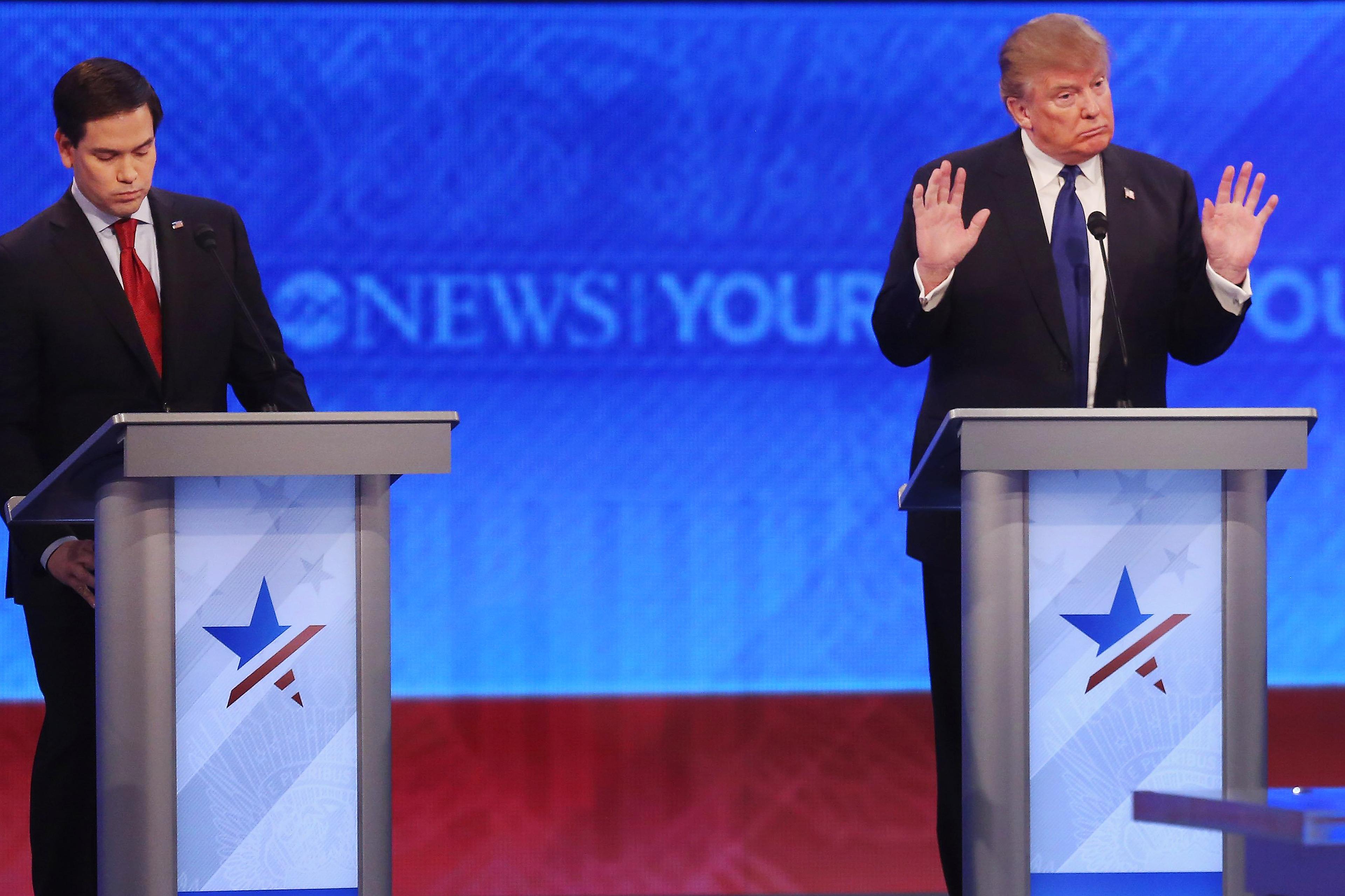 Republican presidential candidates Sen. Marco Rubio (r-FL) and Donald Trump participate in a Republican presidential debate on Feb. 6, 2016 at St. Anselm's College in Manchester, N.H.