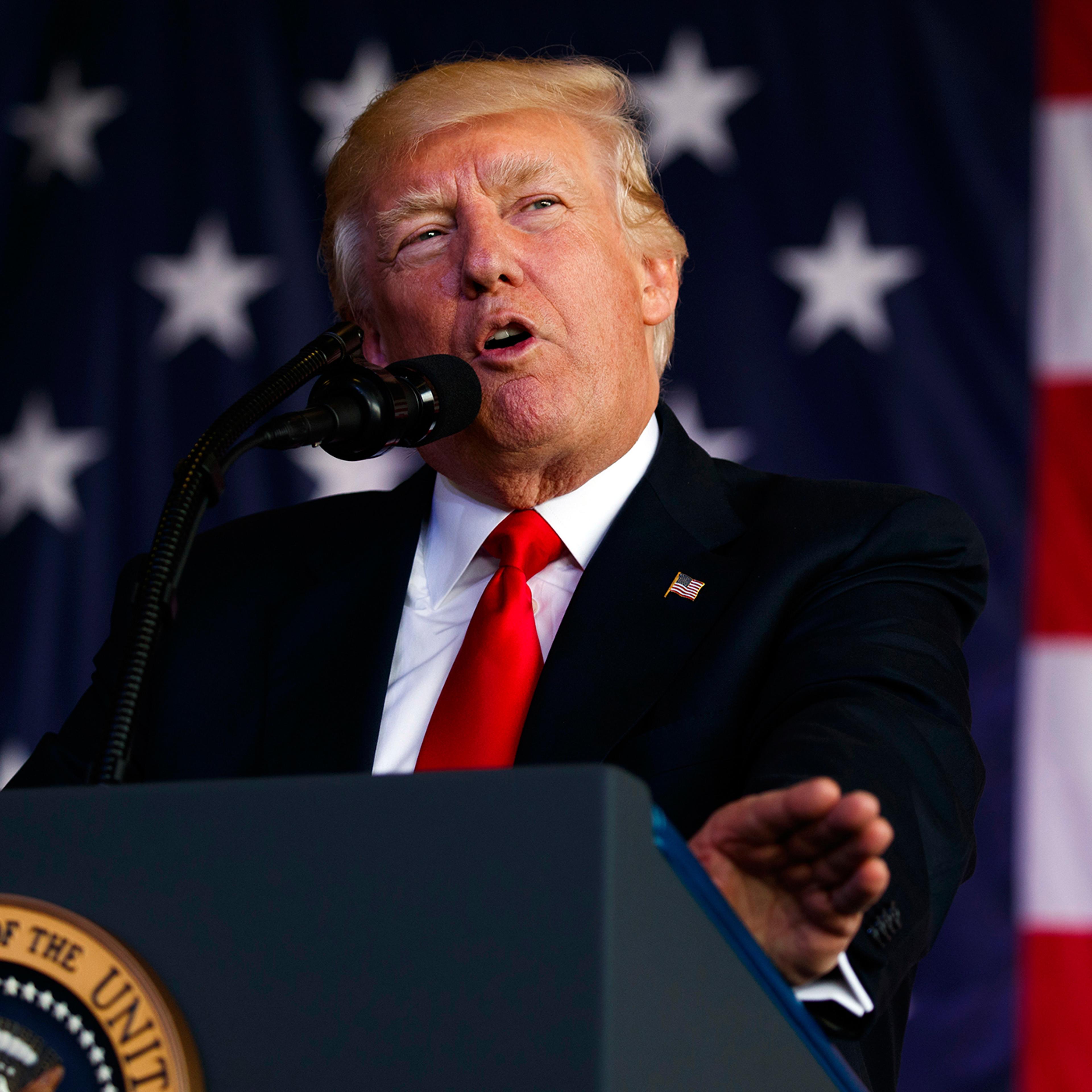 President Donald Trump speaks to U.S. military troops at Naval Air Station Sigonella, Saturday, May 27, 2017, in Sigonella, Italy.