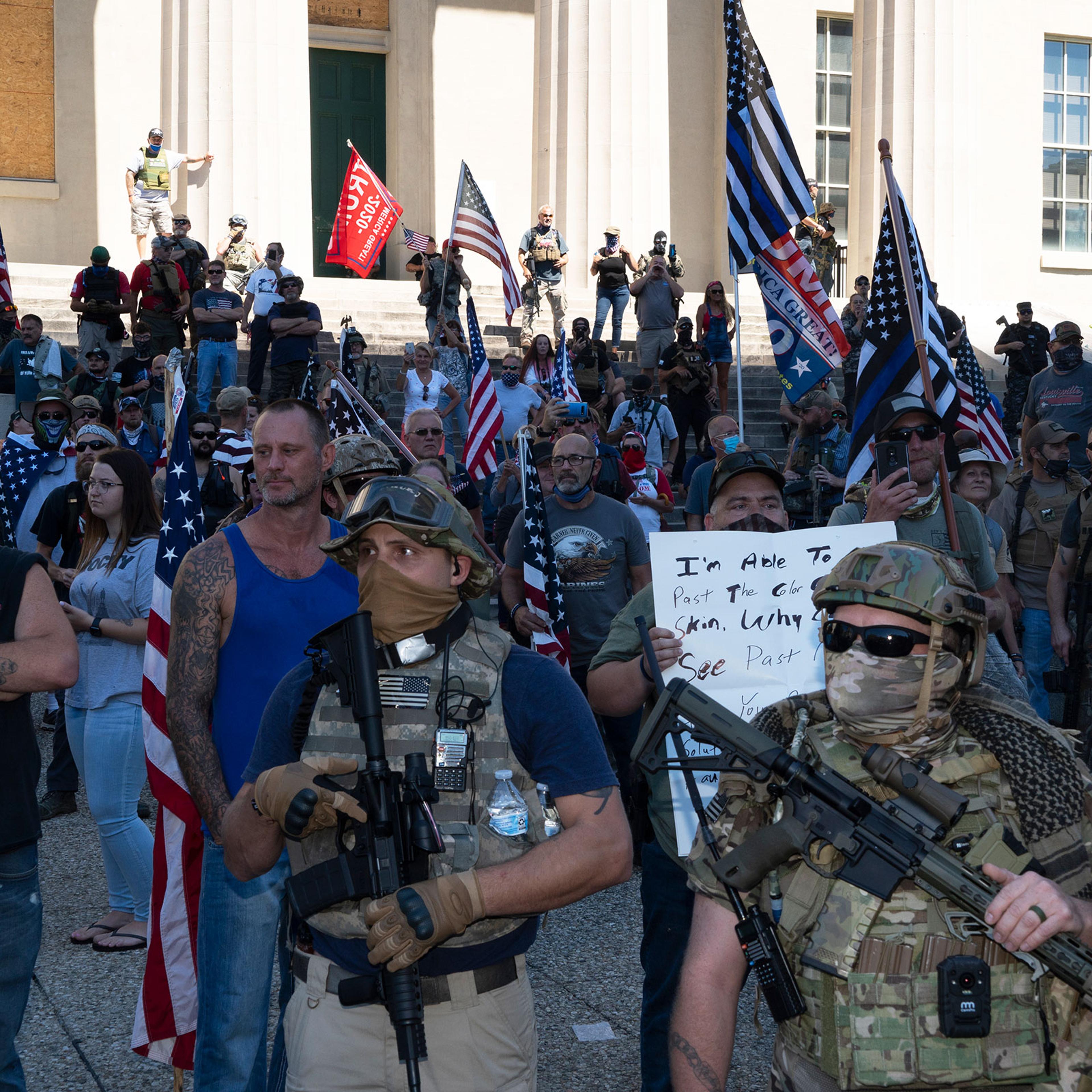 2020. Louisville, Kentucky. USA. A right-wing group gathers at Jefferson Square, the site of the Breonna Taylor memorial at Louisville. Angry but ultimately nonviolent confrontations with BLM and NFAC ensued before the right wing militia pulled back.