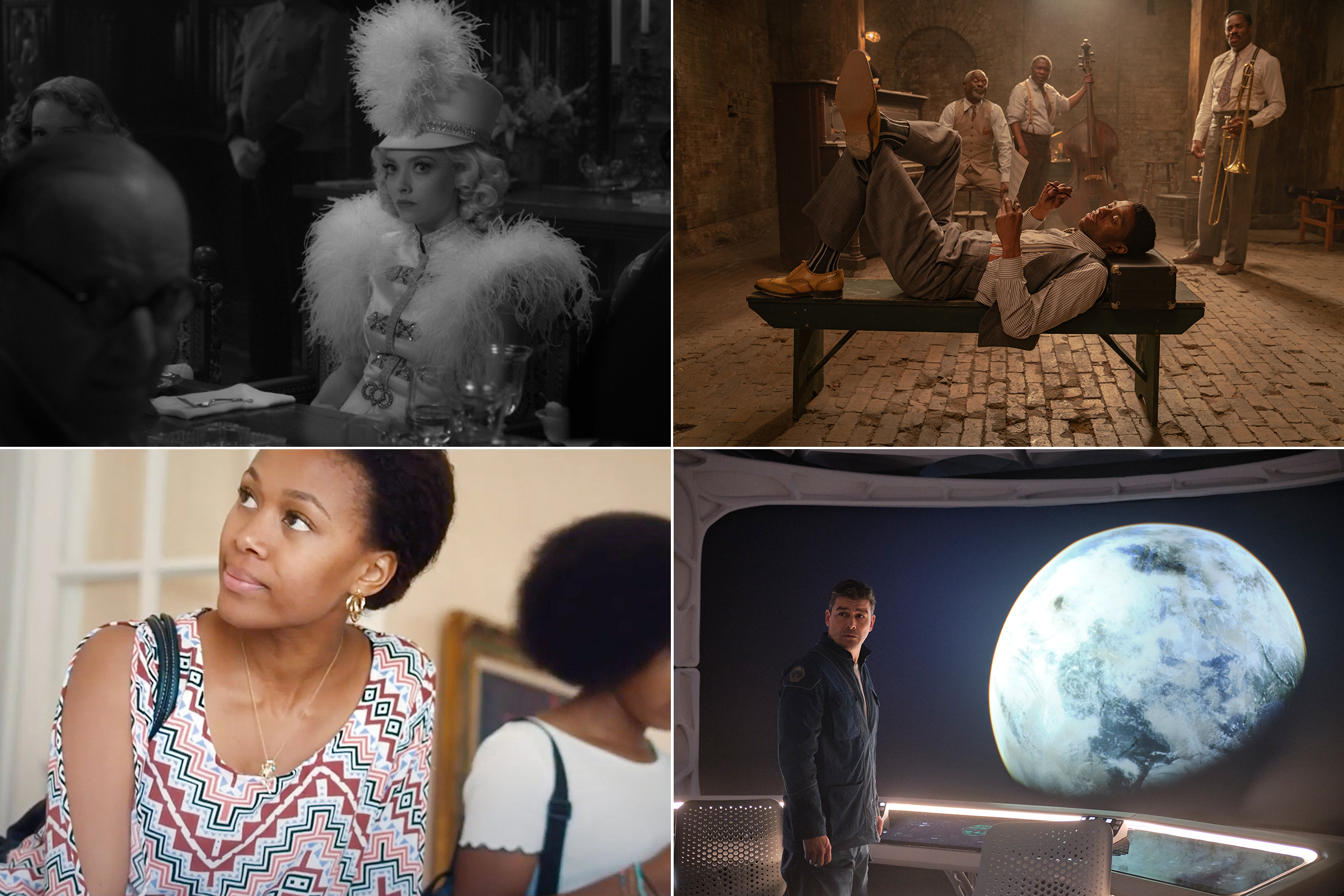 From top left, clockwise: Amanda Seyfried in Mank; Chadwick Boseman in Ma Rainey's Black Bottom; Kyle Chandler in The Midnight Sky; Nicole Beharie in Miss Juneteenth