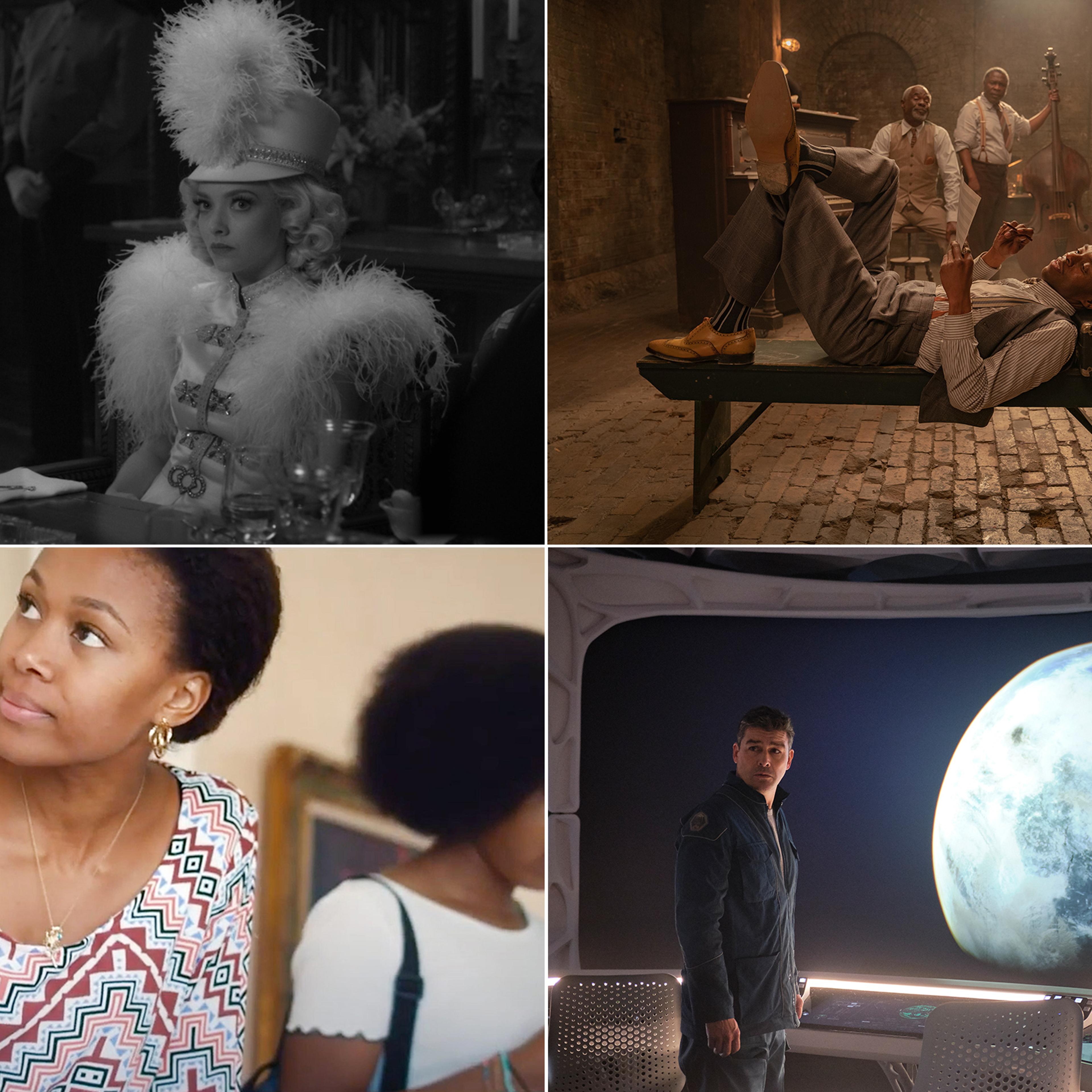 From top left, clockwise: Amanda Seyfried in Mank; Chadwick Boseman in Ma Rainey's Black Bottom; Kyle Chandler in The Midnight Sky; Nicole Beharie in Miss Juneteenth