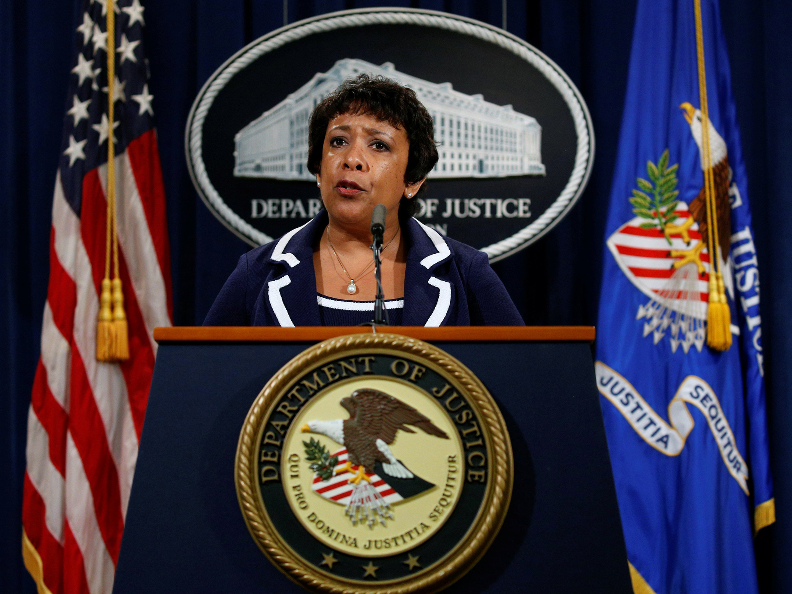 Attorney General Loretta Lynch speaks about the killing of police officers in Dallas, Texas, during a press conference at the Department of Justice in Washington, D.C. on July 8, 2016.