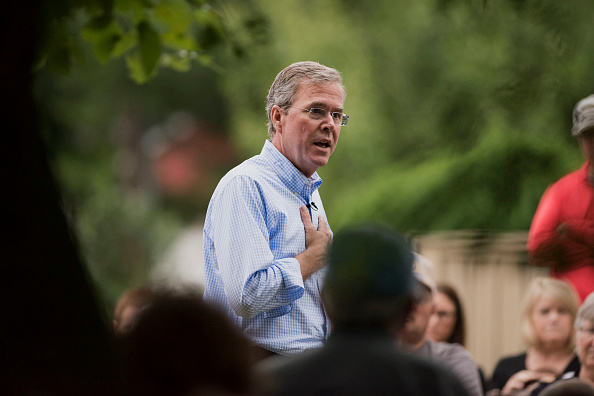 Jeb Bush, former governor of Florida and Republican 2016 U.S. presidential candidate, speaks during a campaign stop outside a residence in Washington, Iowa, on Wednesday, June 17, 2015.