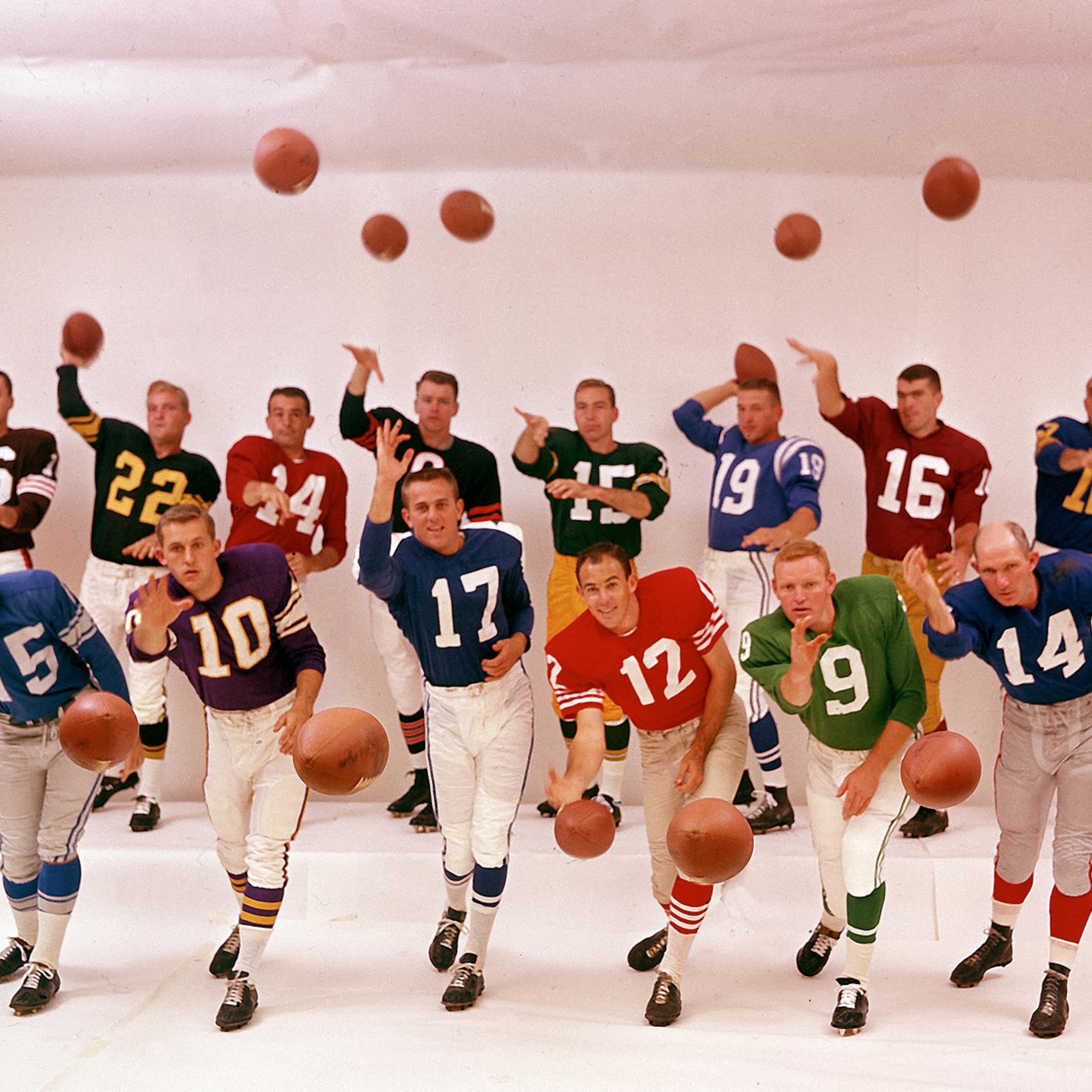 Quarterbacks of the NFL in 1961: (back, L-R) Milt Plum, Bobby Layne, Sam Etcheverry, Bill Wade, Bart Starr, Johnny Unitas, Norm Snead, Zeke Bratkowski; (front, L-R) Jim Ninowski, Fran Tarkenton, Don Meredith, John Brodie, Sonny Jurgensen, Y.A. Tittle.