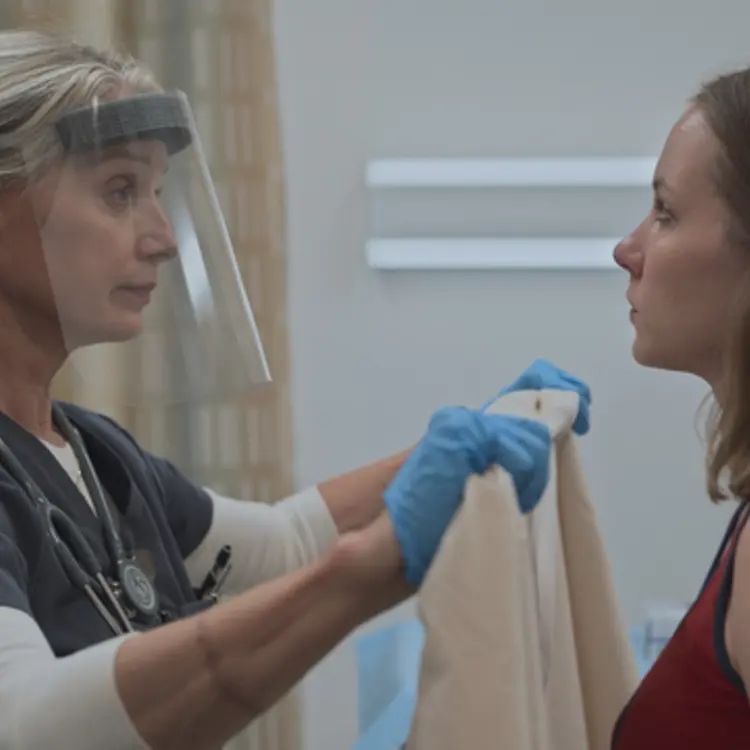 Katherine LaNasa, left, and Tina Ivlev in <i>The Pitt</i>