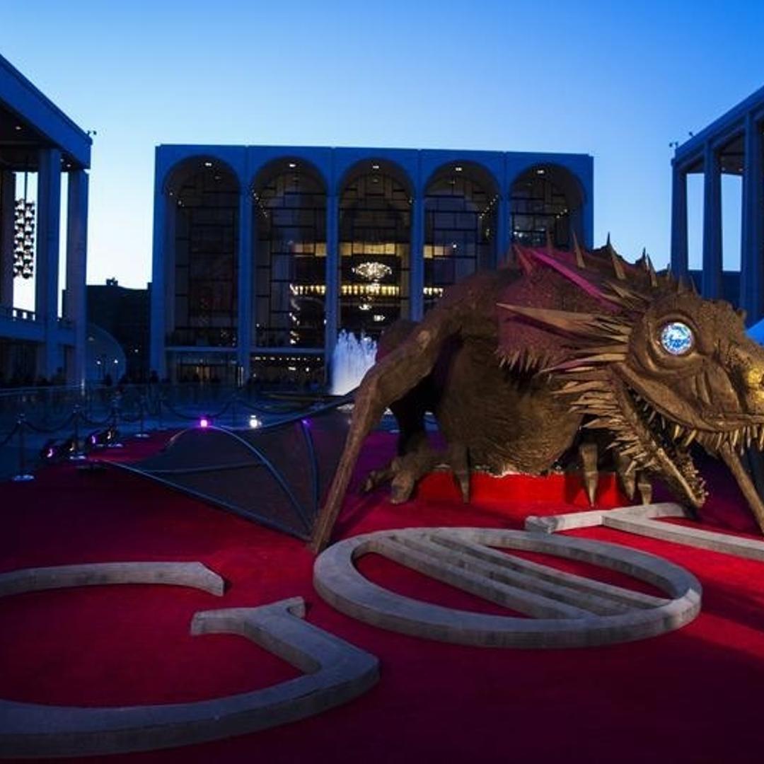 A dragon statue stands on a red carpet in preparation for the season four premiere of the HBO series "Game of Thrones" in New York