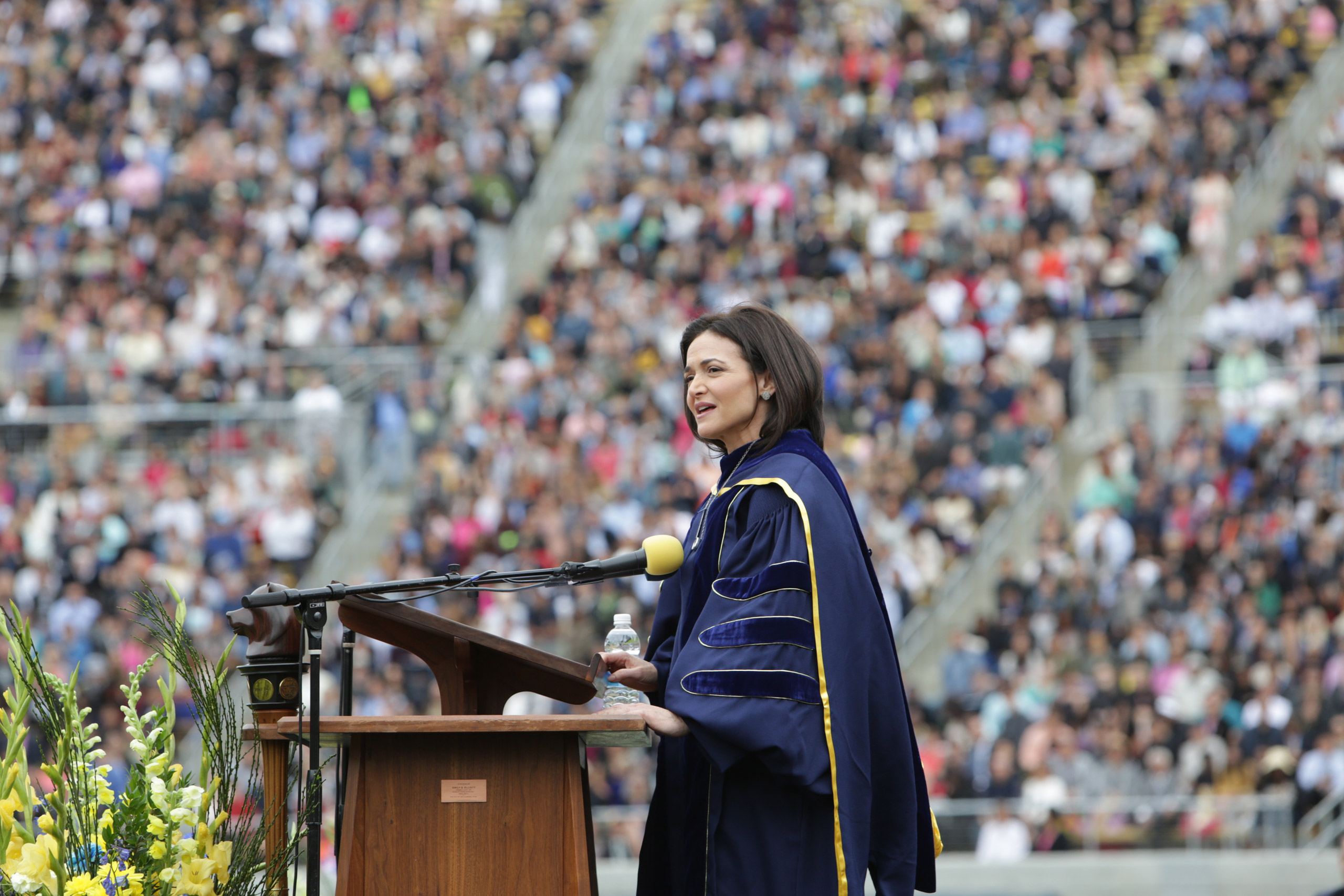 Sheryl Sandberg speaking at the University of California Berkeley commencement on May 14, 2016.