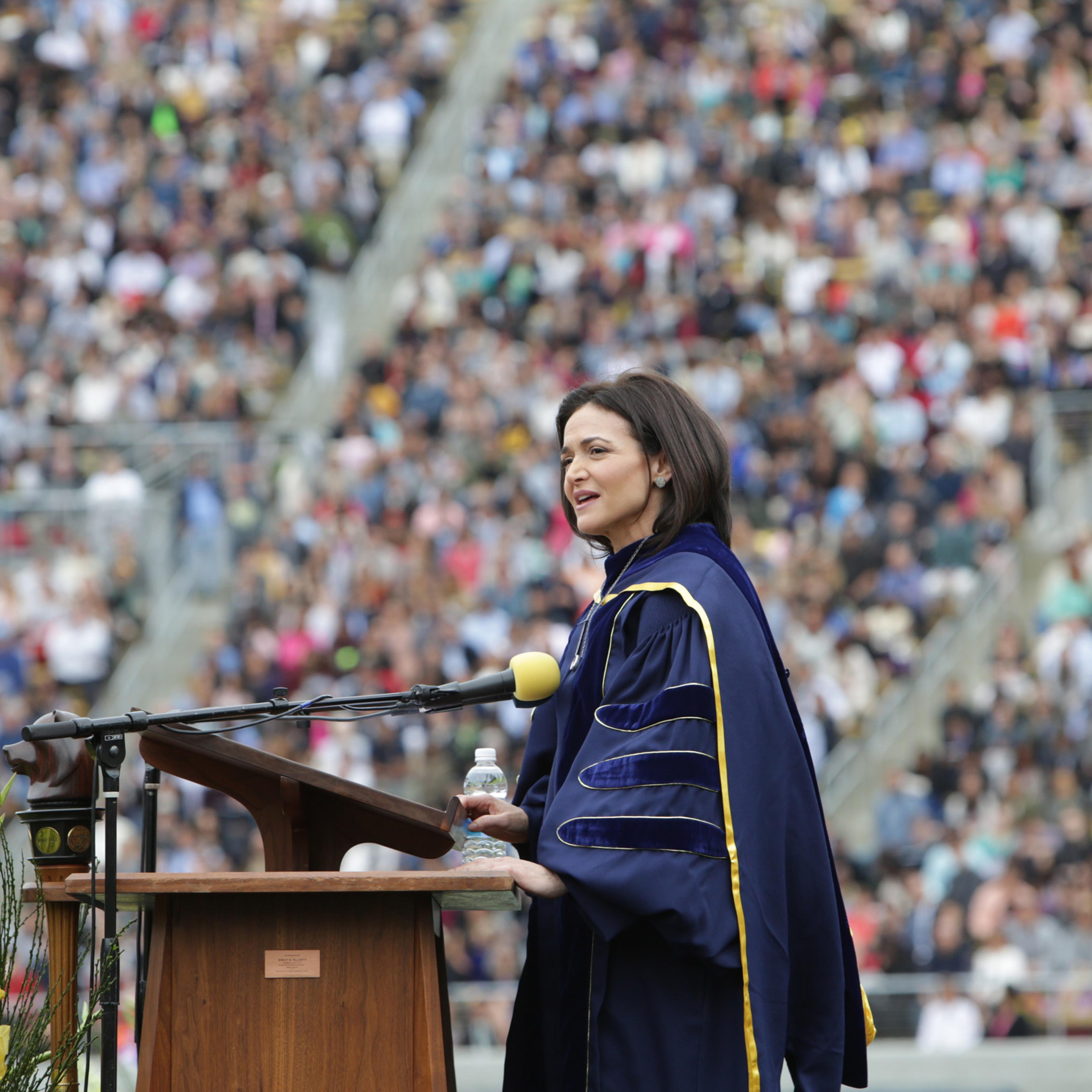 Sheryl Sandberg speaking at the University of California Berkeley commencement on May 14, 2016.