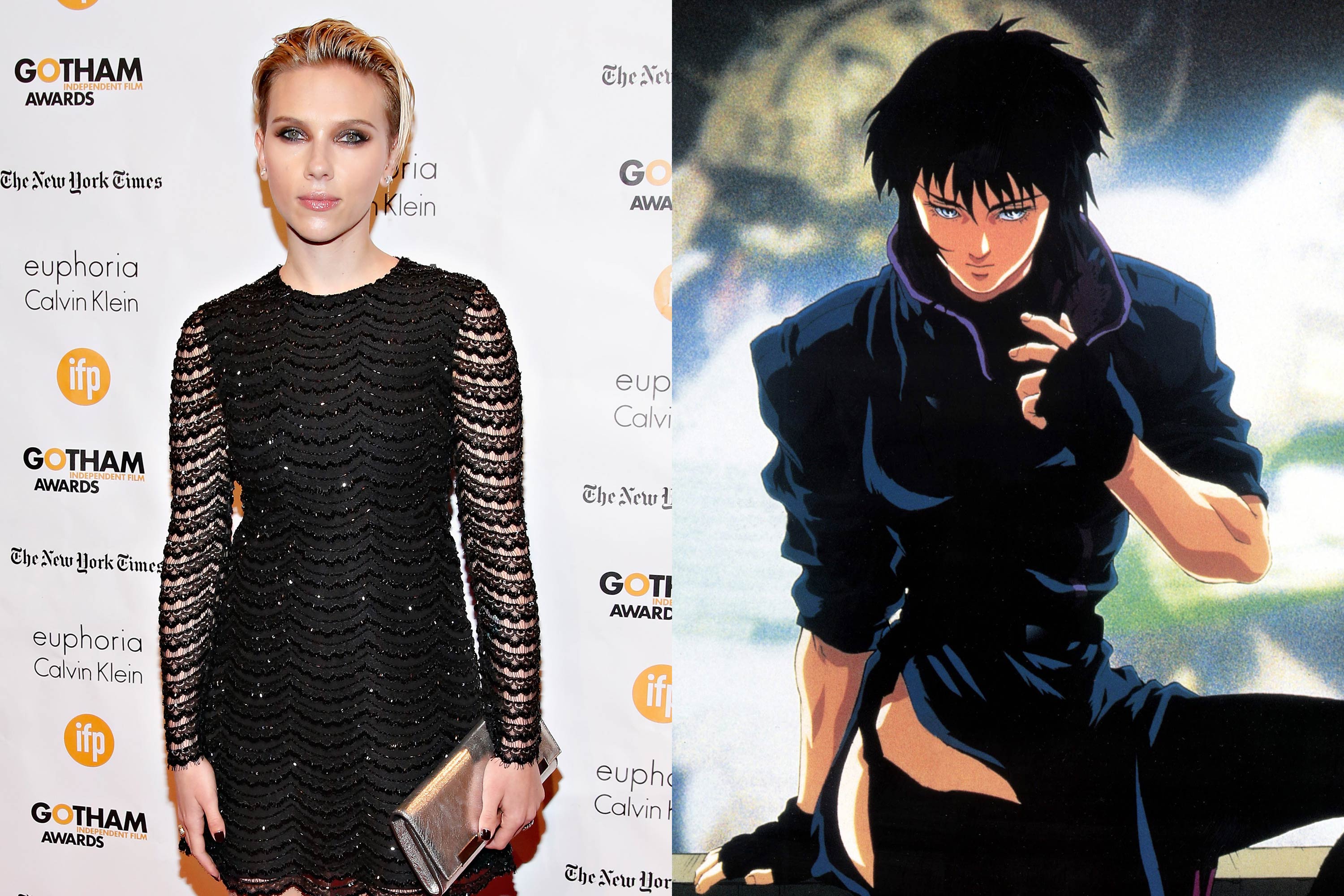 Left: Scarlett Johansson; Right: Major Motoko Kusanagi in <i>Ghost in the Shell</i>