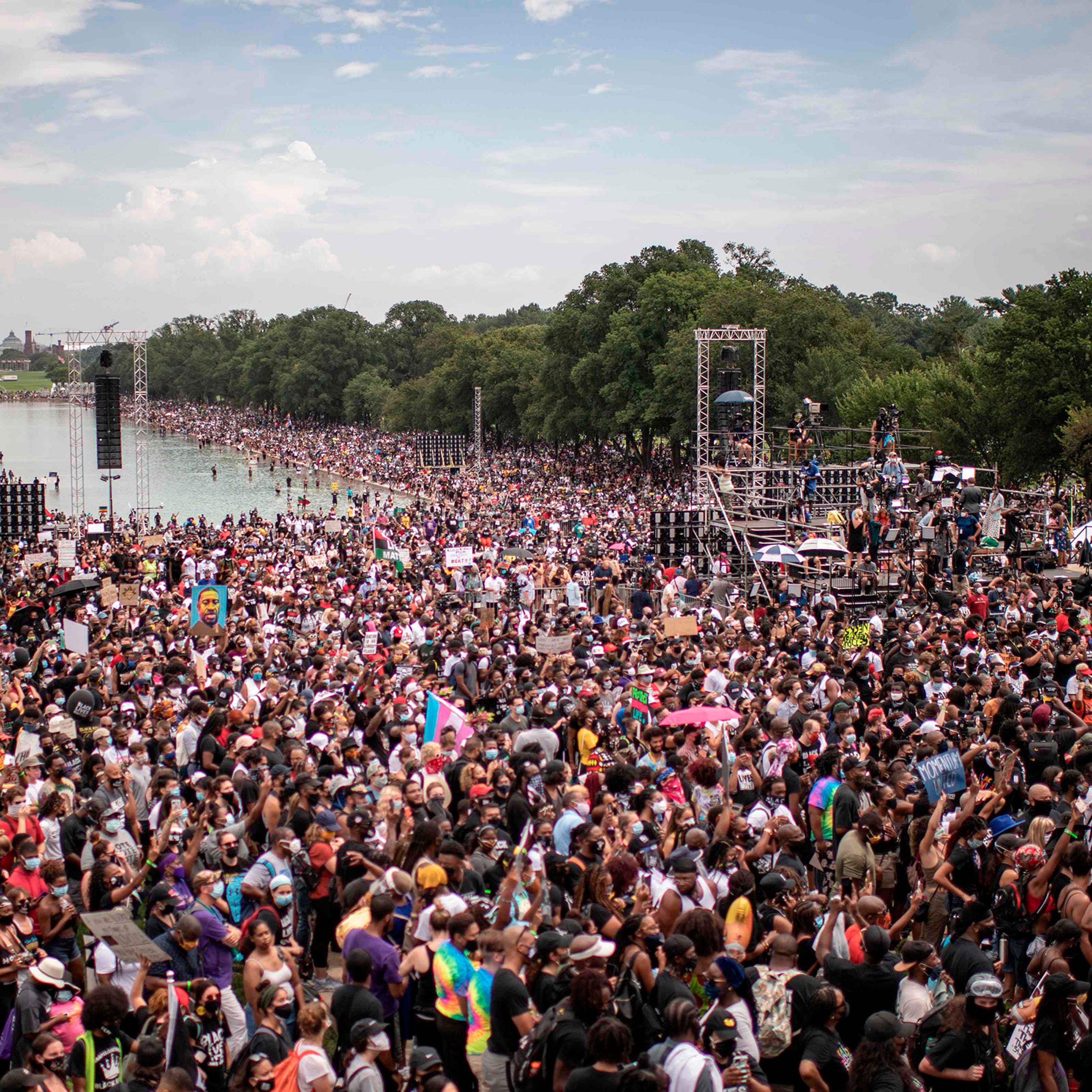 People attend the "Commitment March: Get Your Knee Off Our Necks" protest against racism and police brutality, at the Lincoln Memorial in Washington, D.C., on Aug. 28, 2020.