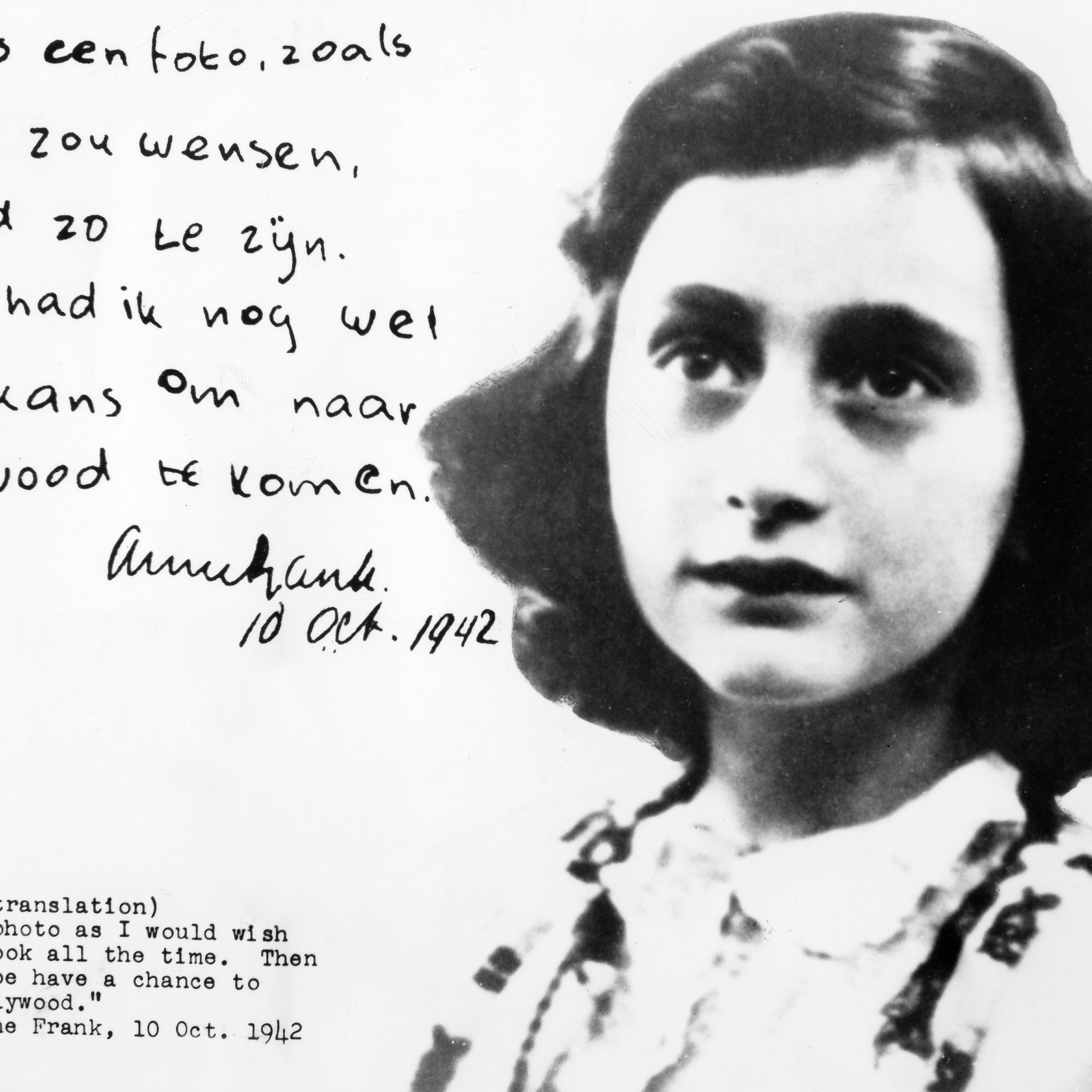 Anne Frank, German Jew who emigrated with her family to the Netherlands during the Nazi period. Separated from the rest of her family, she and her sister died of typhoid fever in the concentration camp Bergen-Belsen - Portrait with hadwritten comme