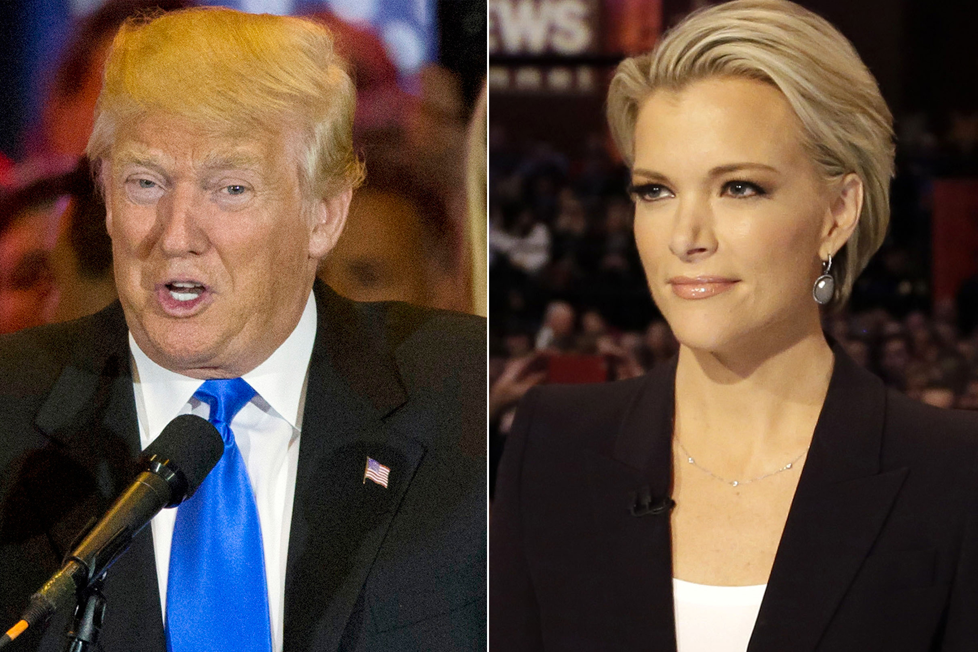 From left: Donald Trump on May 3, 2016 in New York City and Megyn Kelly on Jan. 28, 2016 in Des Moines, Iowa.