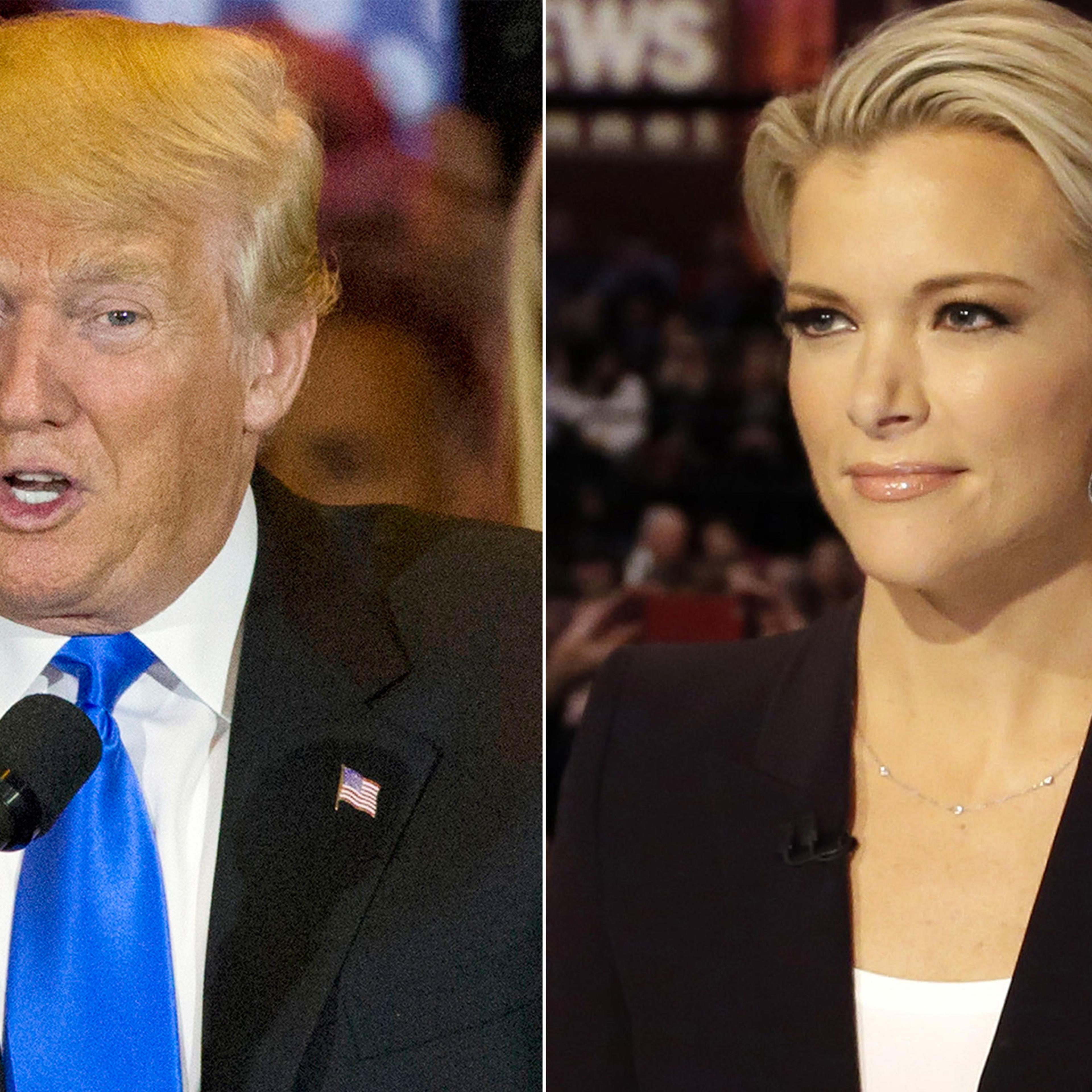 From left: Donald Trump on May 3, 2016 in New York City and Megyn Kelly on Jan. 28, 2016 in Des Moines, Iowa.