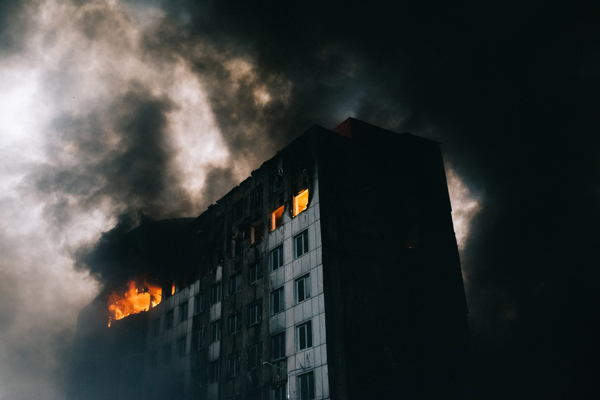 A burning building after bombing in Kyiv, Ukraine, Thursday, March 3
