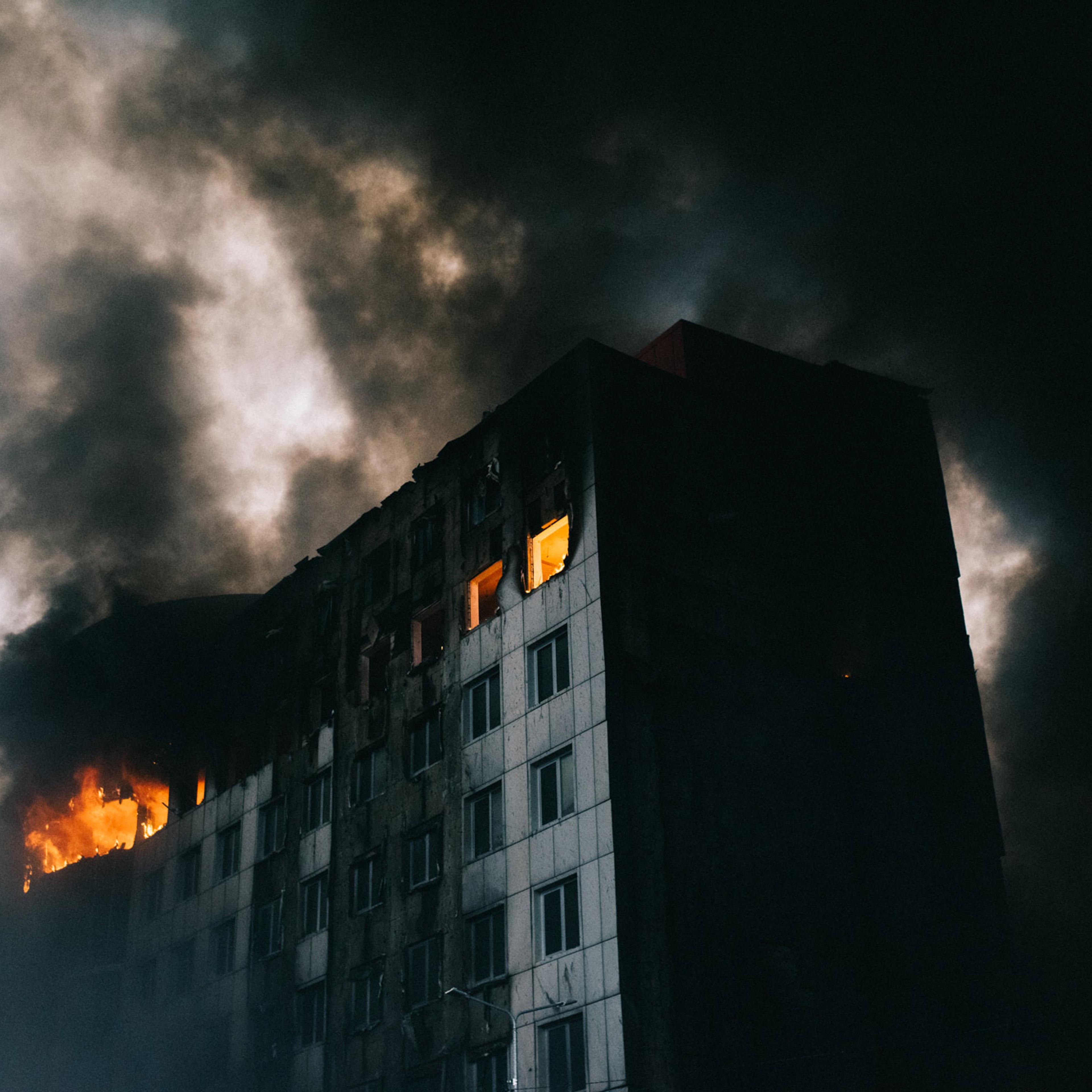 A burning building after bombing in Kyiv, Ukraine, Thursday, March 3