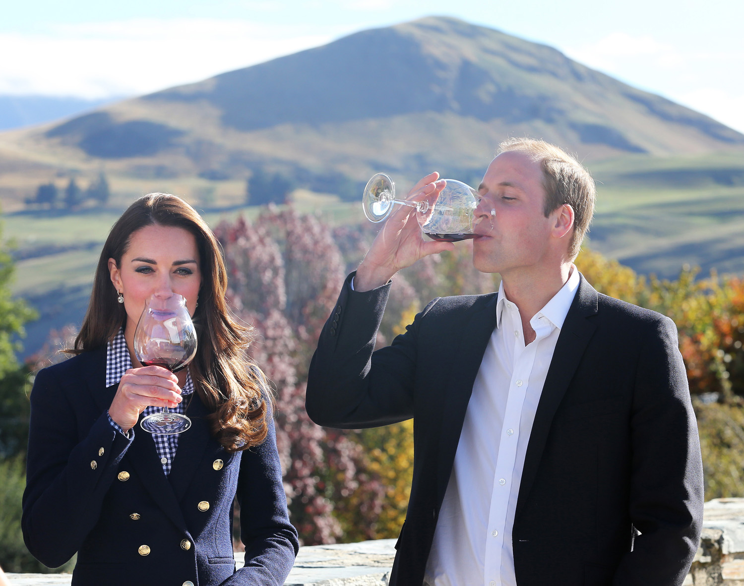 Catherine Duchess of Cambridge and Prince William, Duke of Cambridge sample red wine as the visit Otago Wines at Amisfield winery on April 13, 2014 in Queenstown, New Zealand.