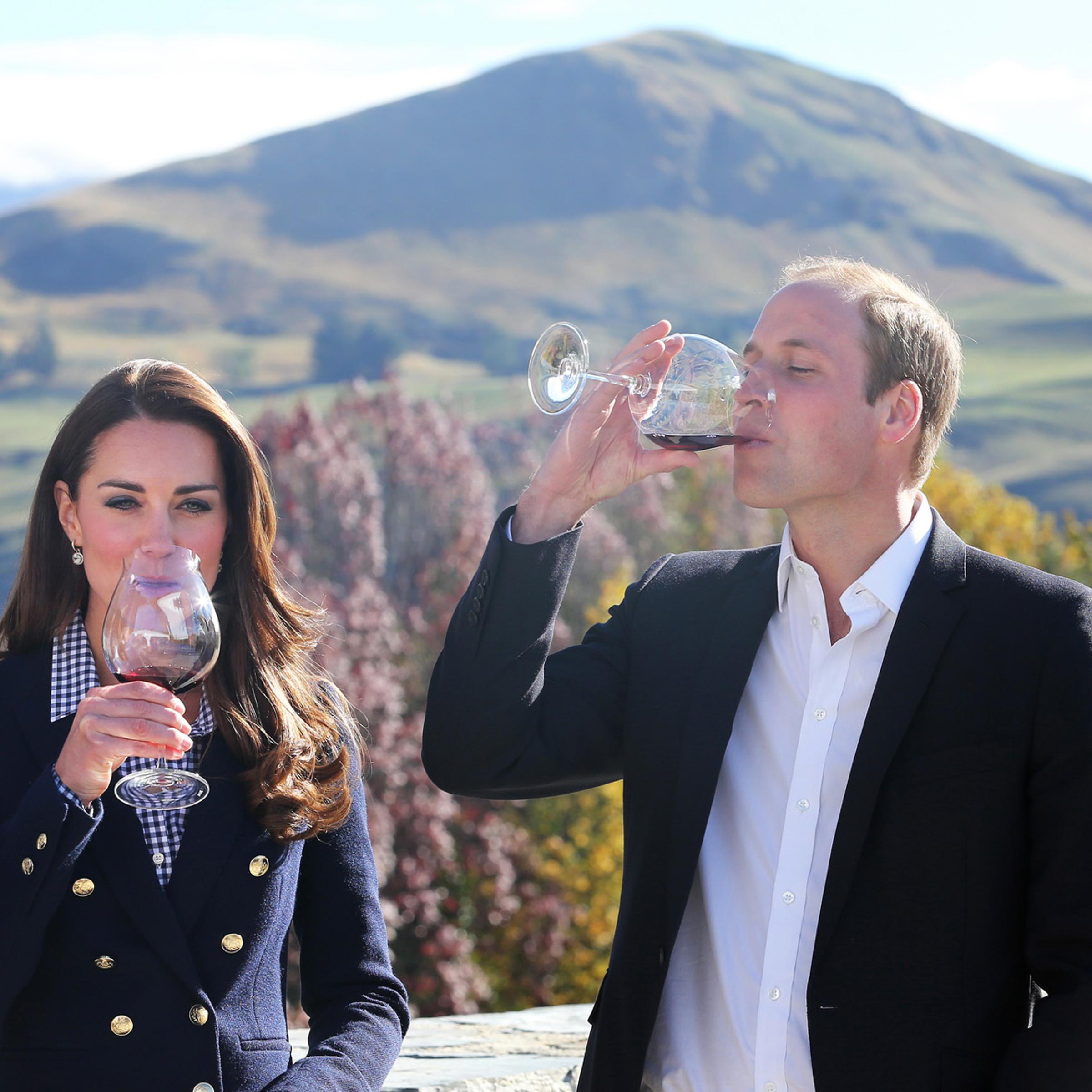 Catherine Duchess of Cambridge and Prince William, Duke of Cambridge sample red wine as the visit Otago Wines at Amisfield winery on April 13, 2014 in Queenstown, New Zealand.