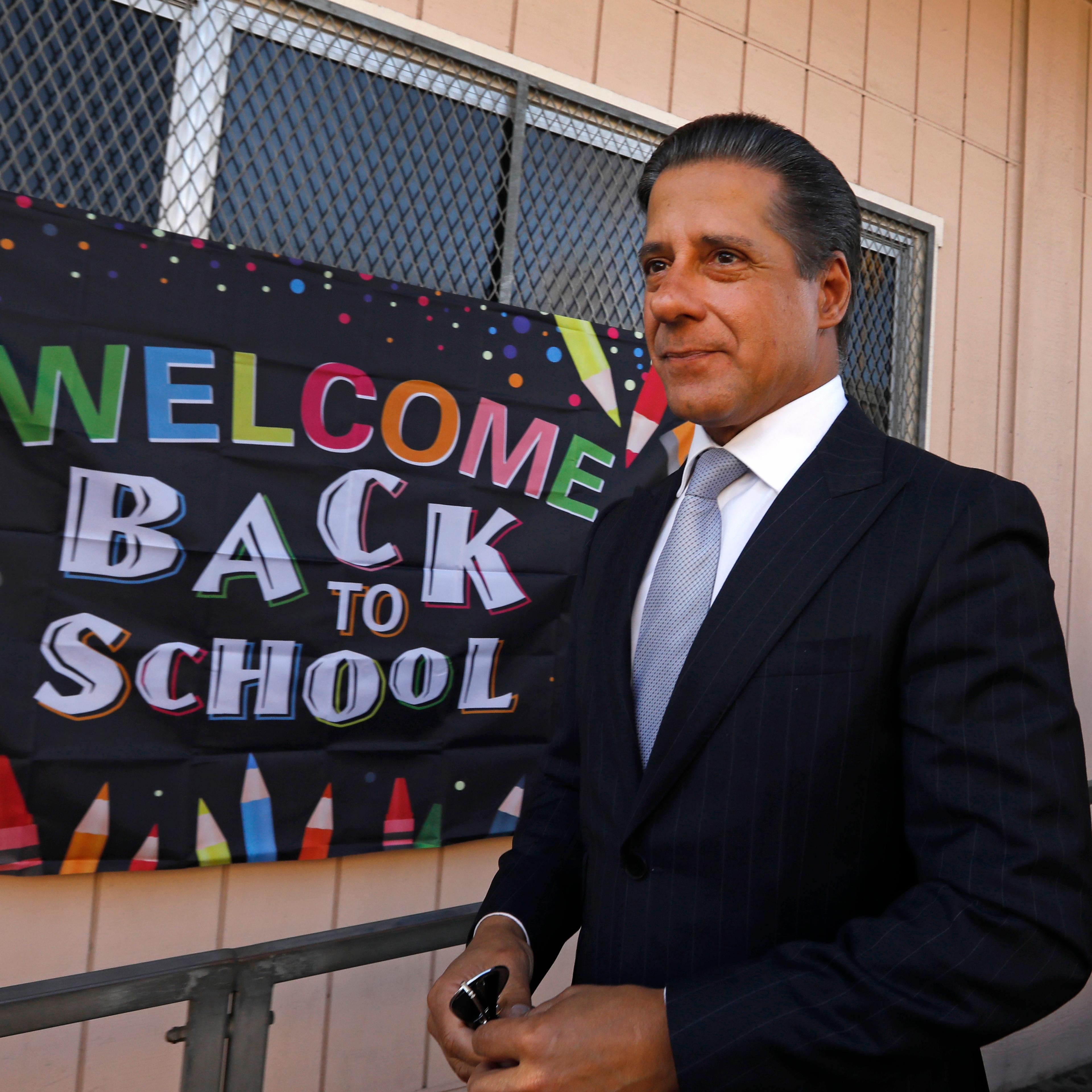 Students from the Los Angeles Unified School District head to school at Vena Avenue Elementary & Gifted/High Ability Magnet on Aug. 15, 2022. Los Angeles Unified Superintendent Alberto M. Carvalho