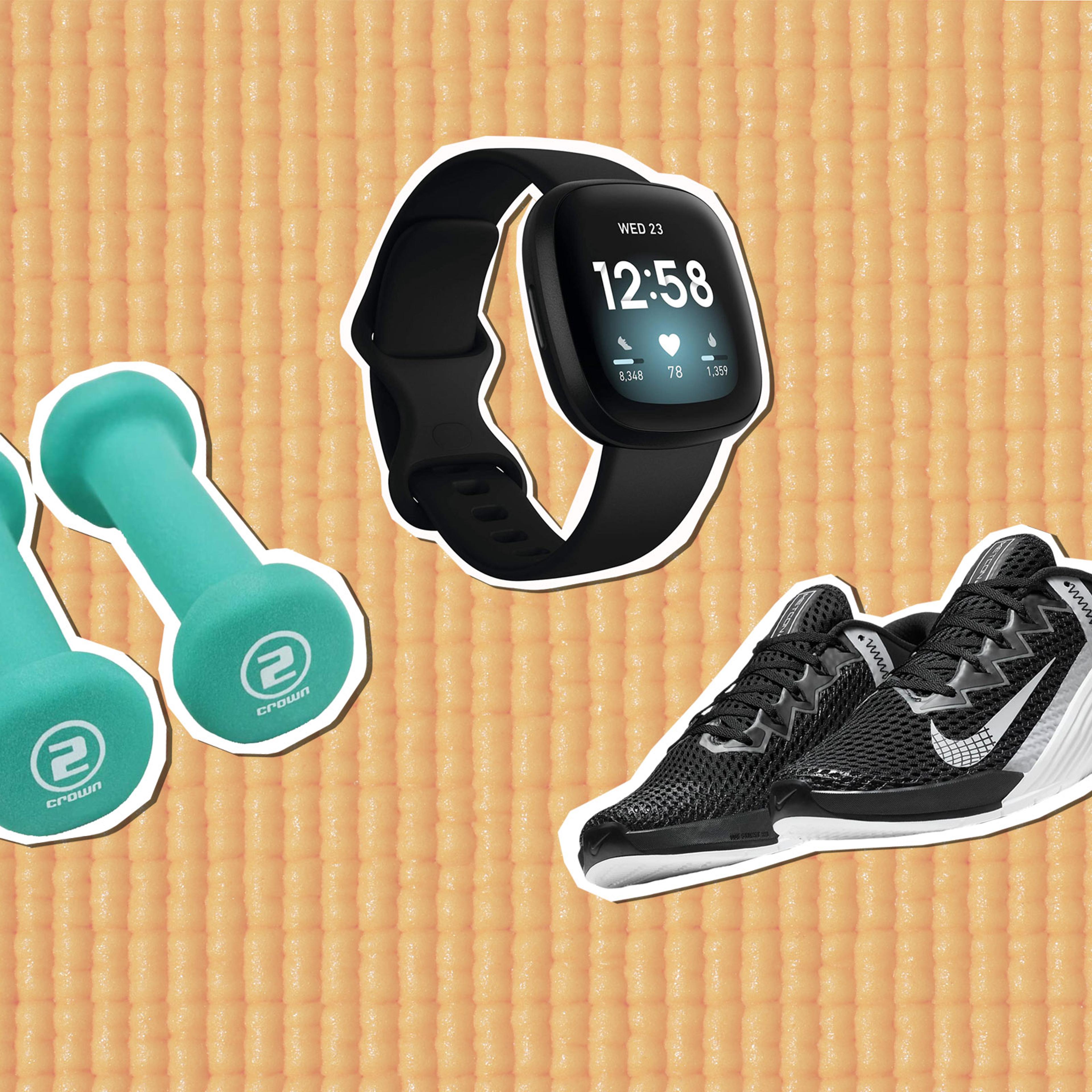 Crown Sporting Good 2-Pound Dumbbells; Fitbit Versa 3 Health & Fitness Smartwatch; Nike Metcon 6 Training Shoe