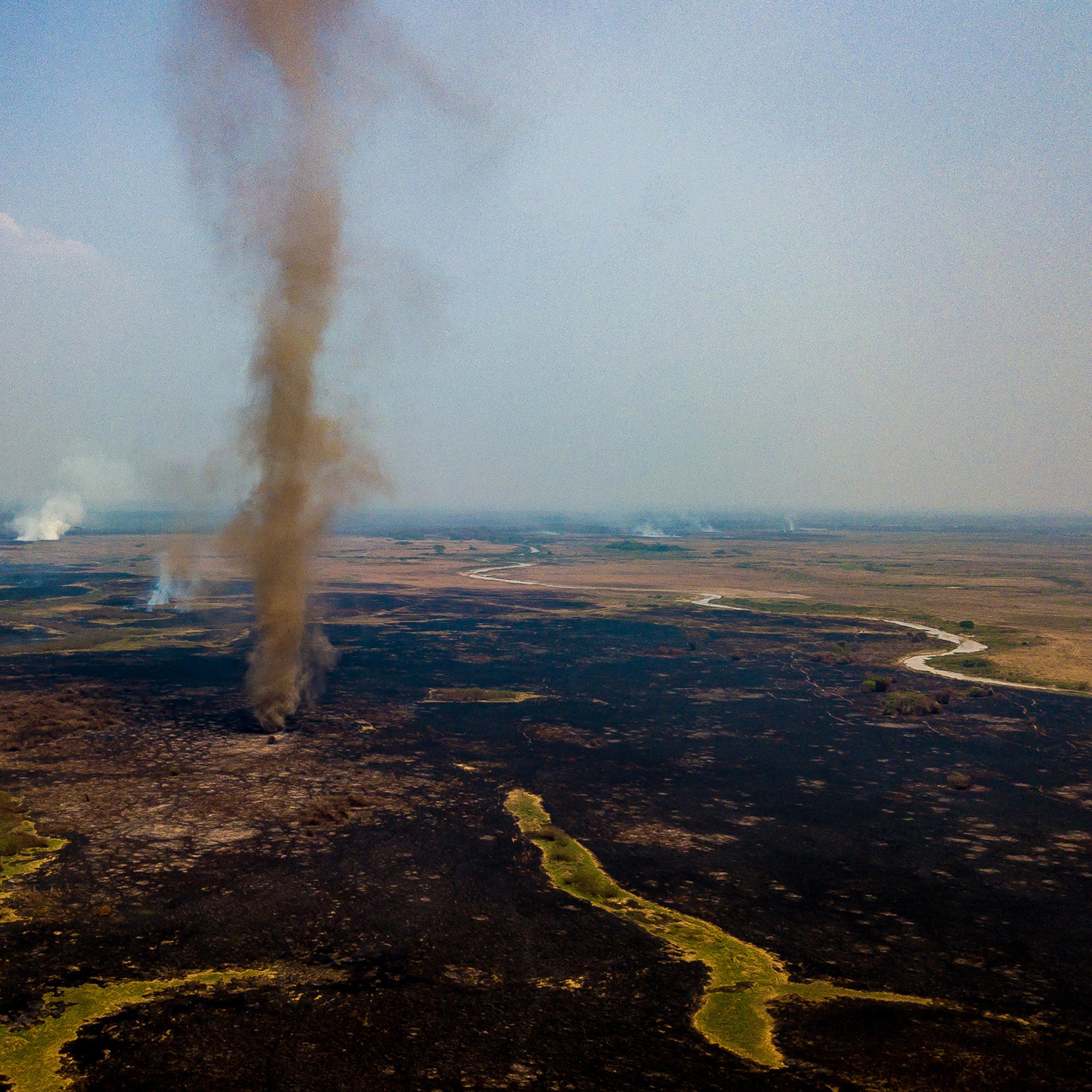 An aerial view in Pocone, Brazil, of smoke rising during a fire in the Pantanal wetlands on Sept. 24, 2020.