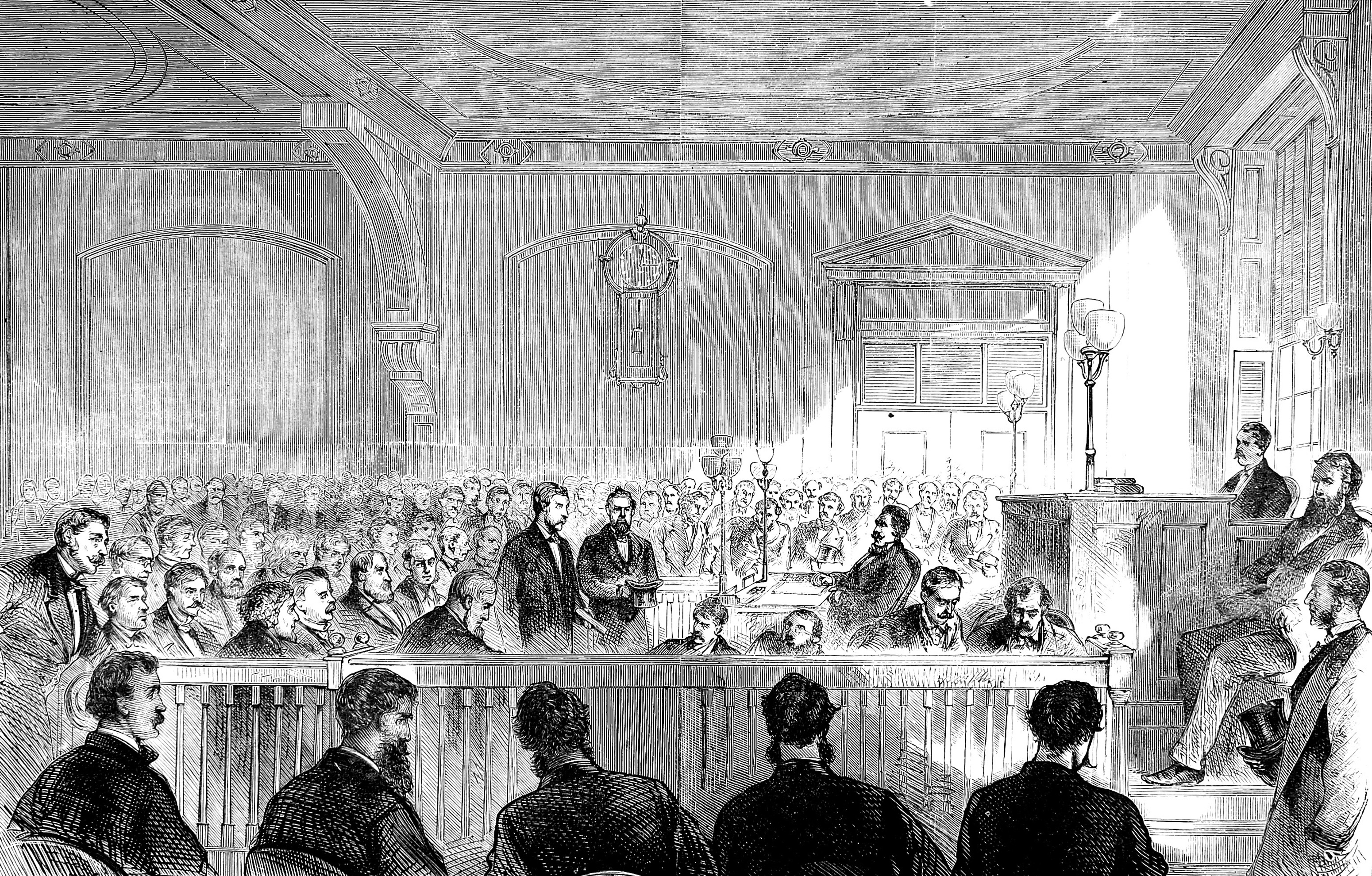 Historical drawing the arraignment of Boss Tweed in courtroom. Line art drawing black and white, vintage, 1872