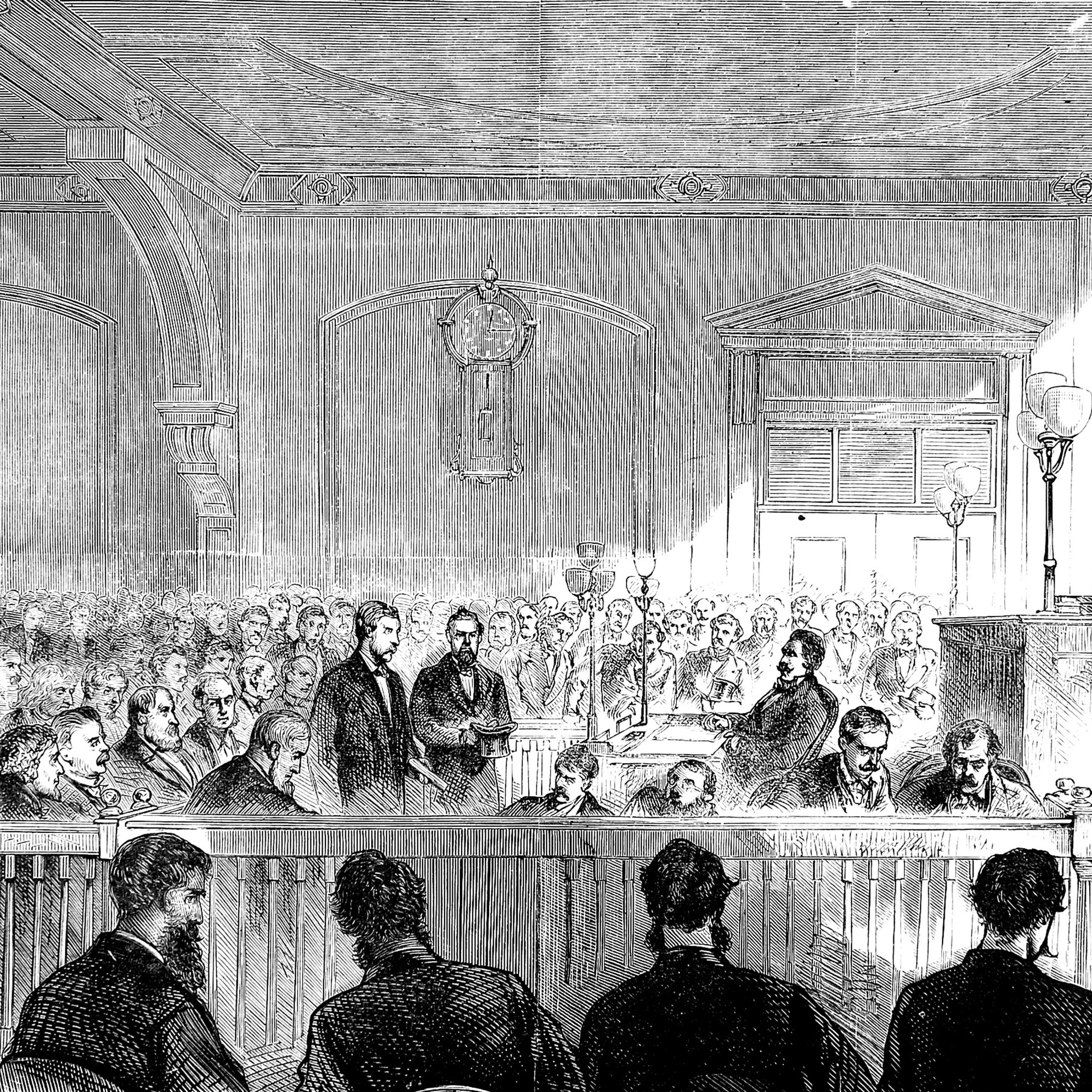 Historical drawing the arraignment of Boss Tweed in courtroom. Line art drawing black and white, vintage, 1872