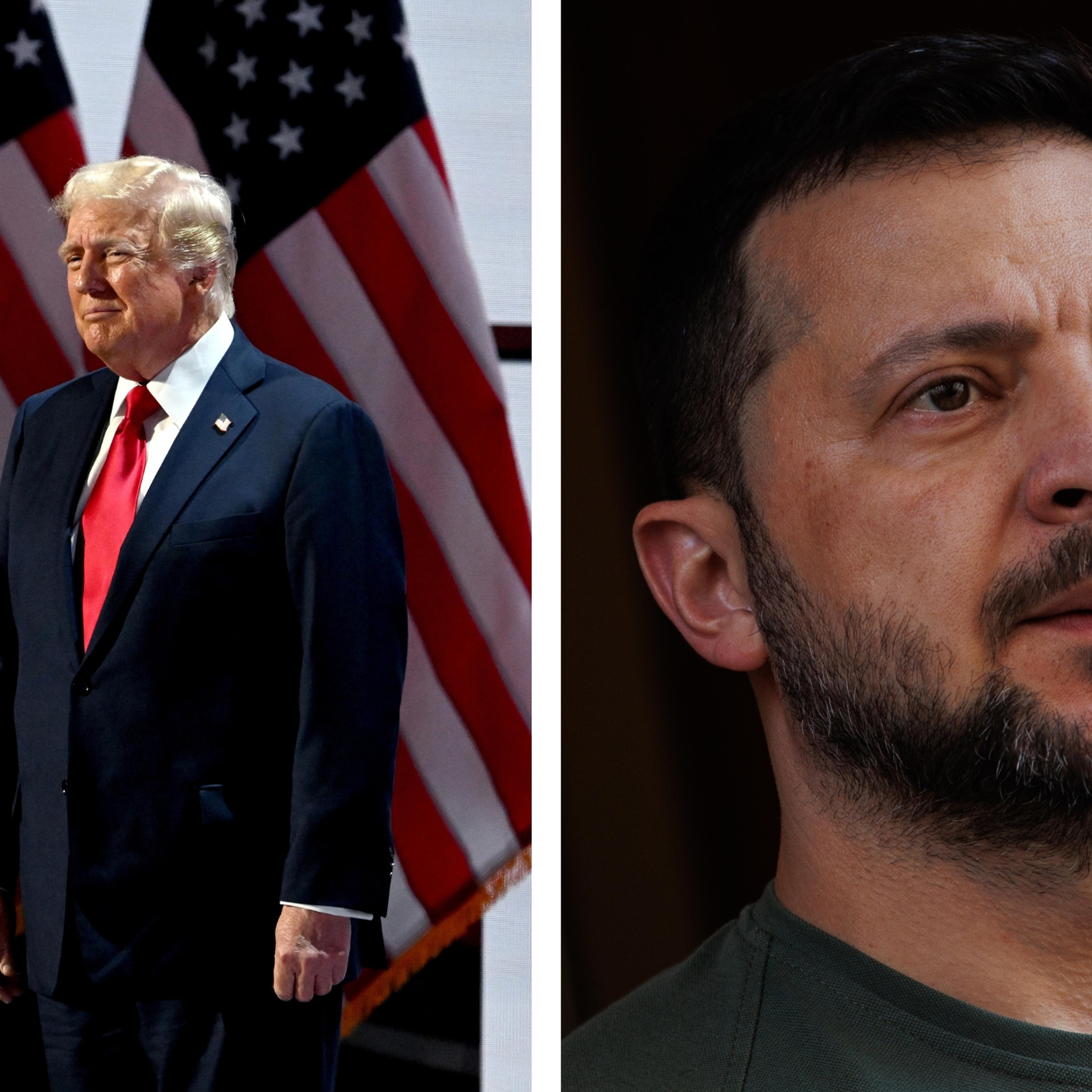 From left: Former U.S. President Donald Trump at the Republican National Convention, July 18; The President of Ukraine Volodymyr Zelensky in Madrid, Spain, on May 27.