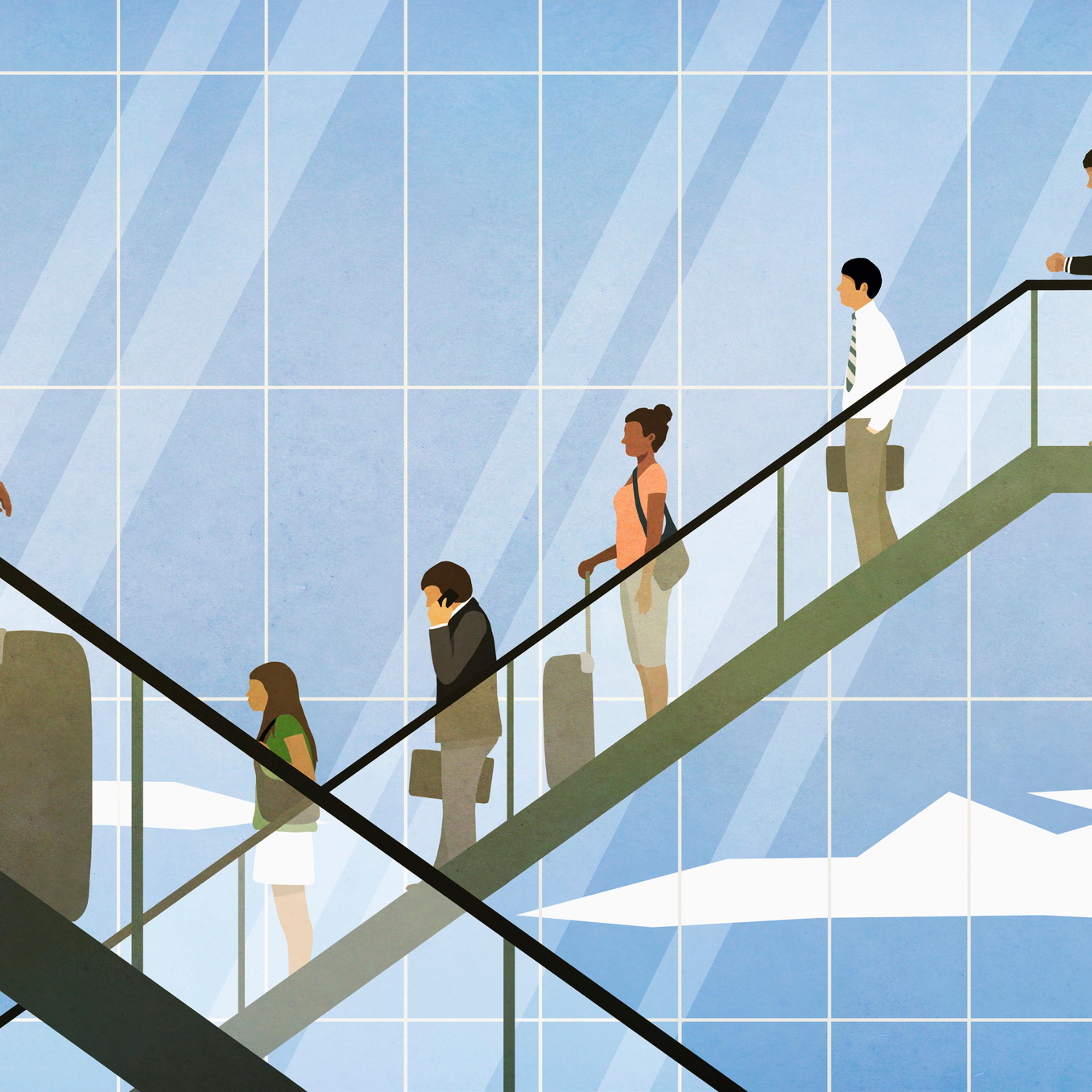 People riding airport escalators