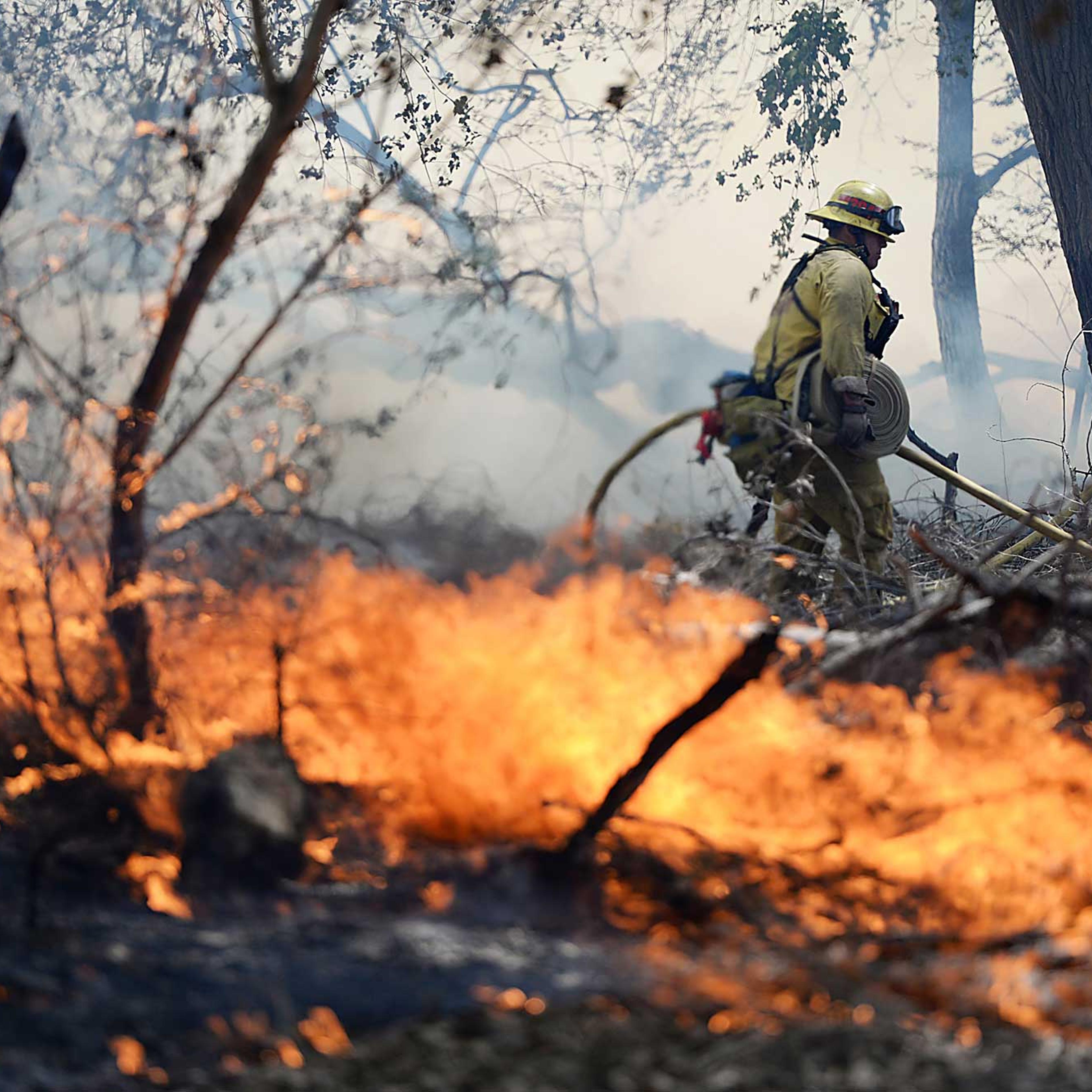 Firefighters battle a wildfire in The Mojave Narrows Regional Park in Victorville Calif., March 31, 2015.