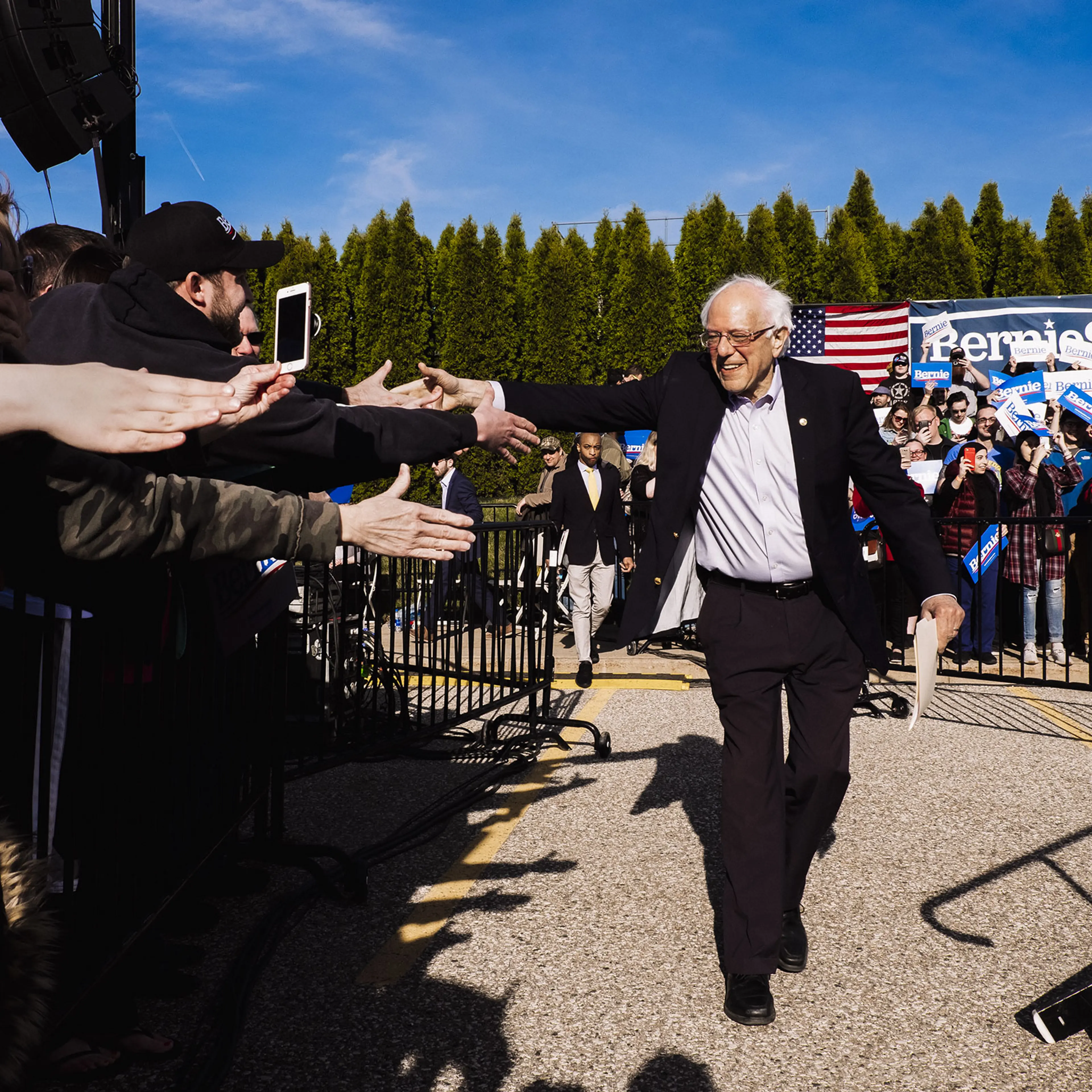 Senator Bernie Sanders greets supporters during a rally in Warren, Mich.